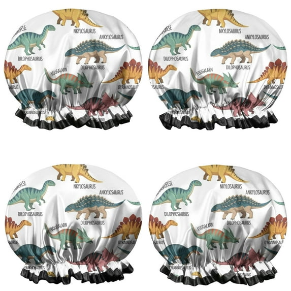 Shower Caps,White Dinosaurs with Labels Playfully Waterproof Shower Cap for Women 4 Pieces,Double Reusable Hair Cover for Shower PEVA Elastic Stretch Hem