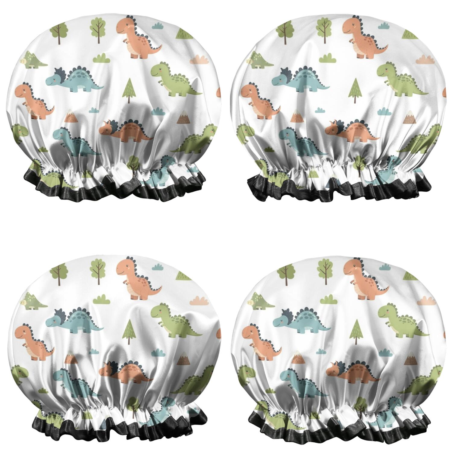 Shower Caps,White Dinosaurs Landscapes Pattern Waterproof Shower Cap for Women 4 Pieces,Double Reusable Hair Cover for Shower PEVA Elastic Stretch Hem