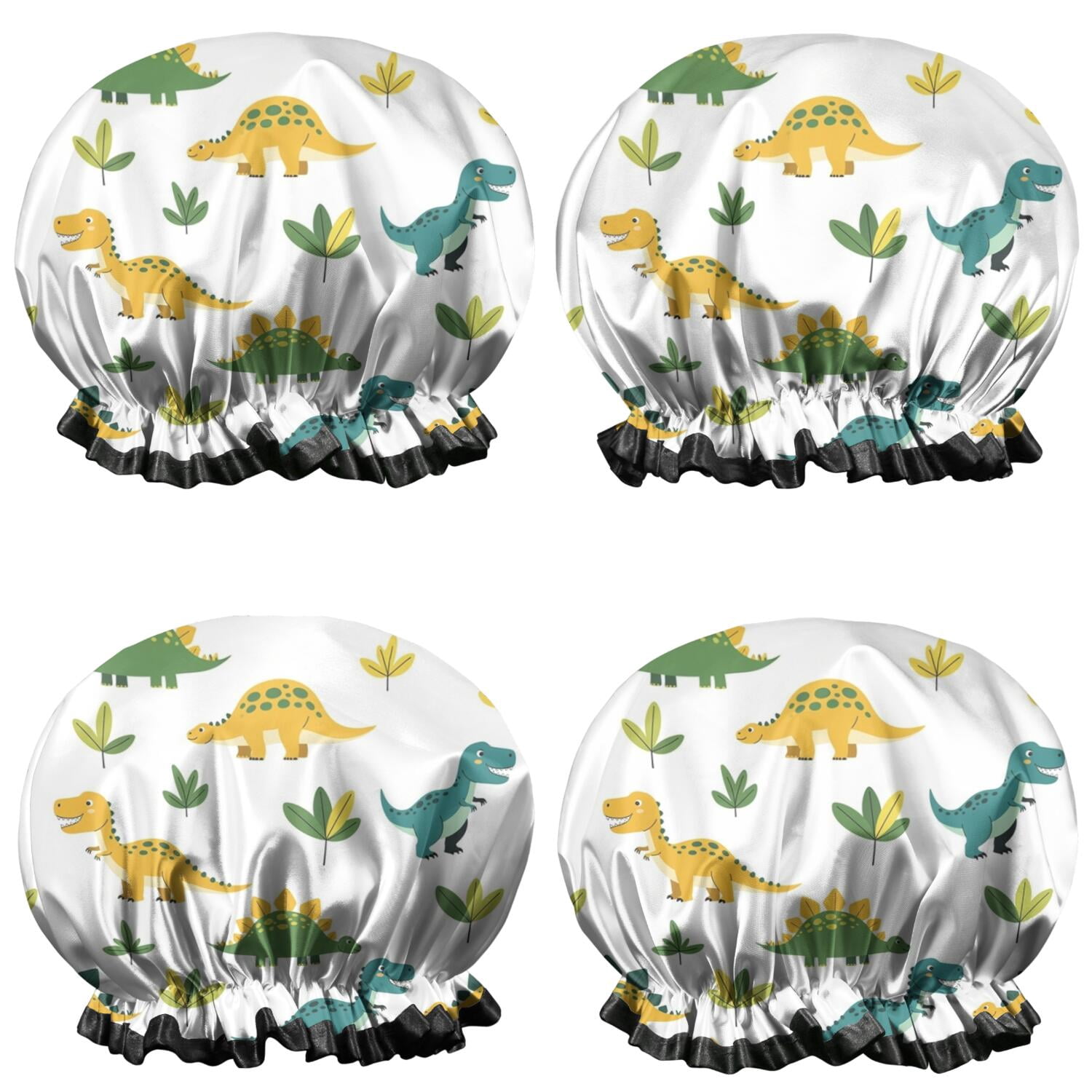 Shower Caps,White Dinosaurs Leaves Pattern Waterproof Shower Cap for Women 4 Pieces,Double Reusable Hair Cover for Shower PEVA Elastic Stretch Hem