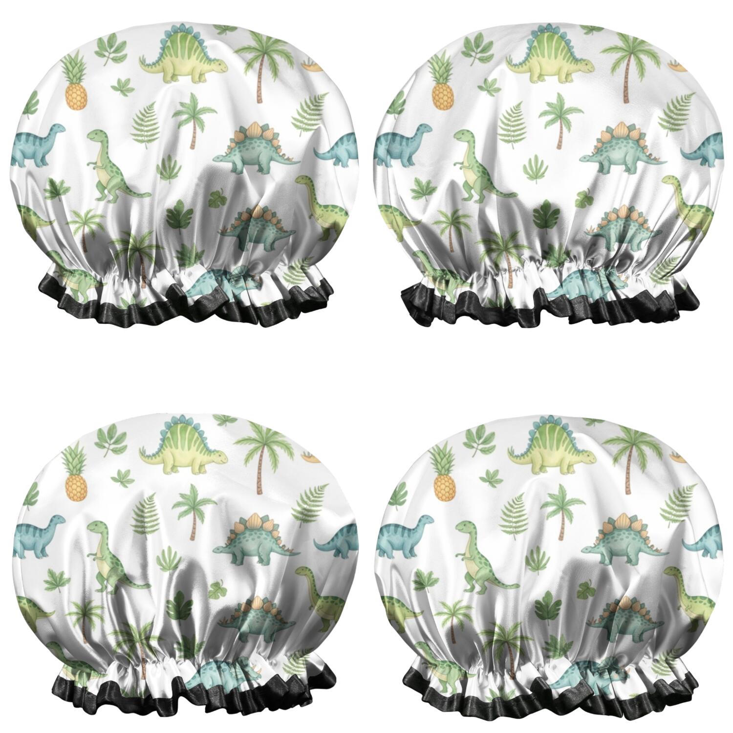 Shower Caps,White Dinosaurs Palms Pineapples Pattern Waterproof Shower Cap for Women 4 Pieces,Double Reusable Hair Cover for Shower PEVA Elastic Stretch Hem