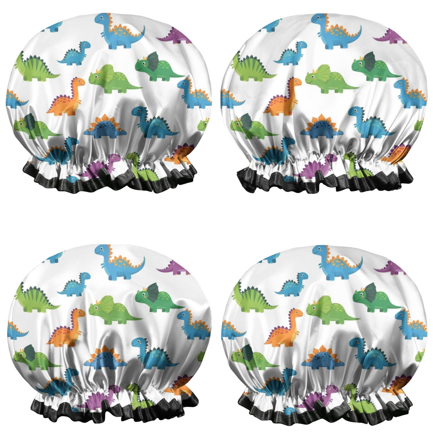Shower Caps,White Dinosaurs Pattern Waterproof Shower Cap for Women 4 Pieces,Double Reusable Hair Cover for Shower PEVA Elastic Stretch Hem