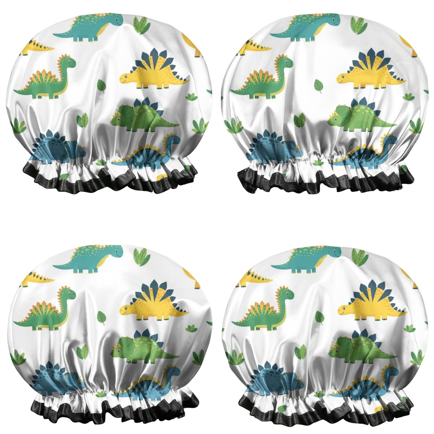 Shower Caps,White Dinosaurs Plants Leaves Pattern Waterproof Shower Cap for Women 4 Pieces,Double Reusable Hair Cover for Shower PEVA Elastic Stretch Hem