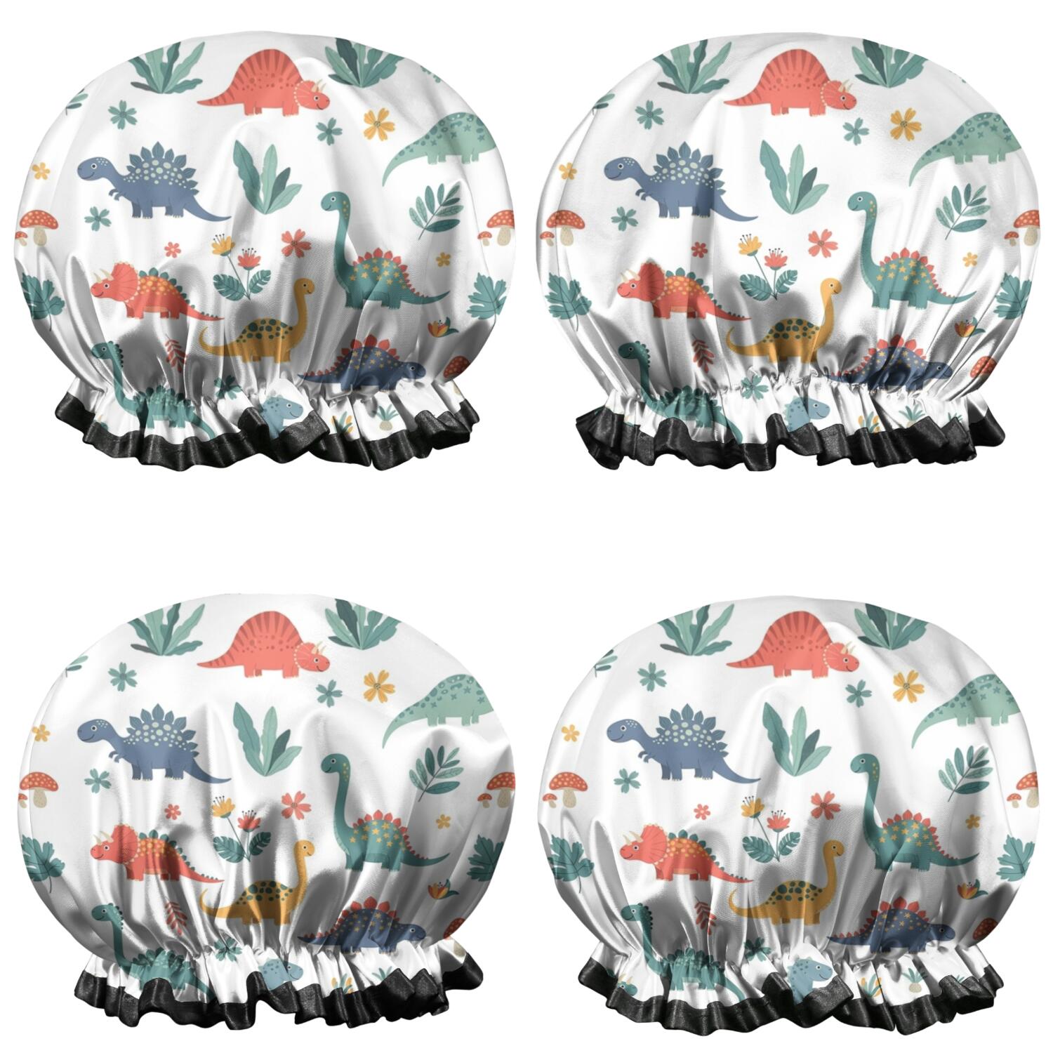 Shower Caps,White Dinosaurs Plants Mushrooms Pattern Waterproof Shower Cap for Women 4 Pieces,Double Reusable Hair Cover for Shower PEVA Elastic Stretch Hem
