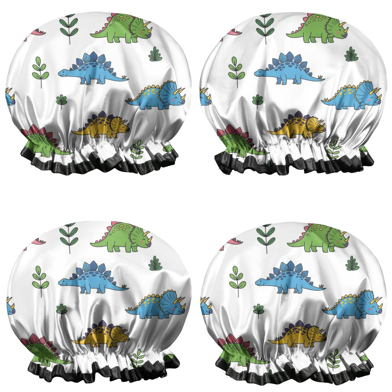 Shower Caps,White Dinosaurs Plants Pattern Waterproof Shower Cap for Women 4 Pieces,Double Reusable Hair Cover for Shower PEVA Elastic Stretch Hem