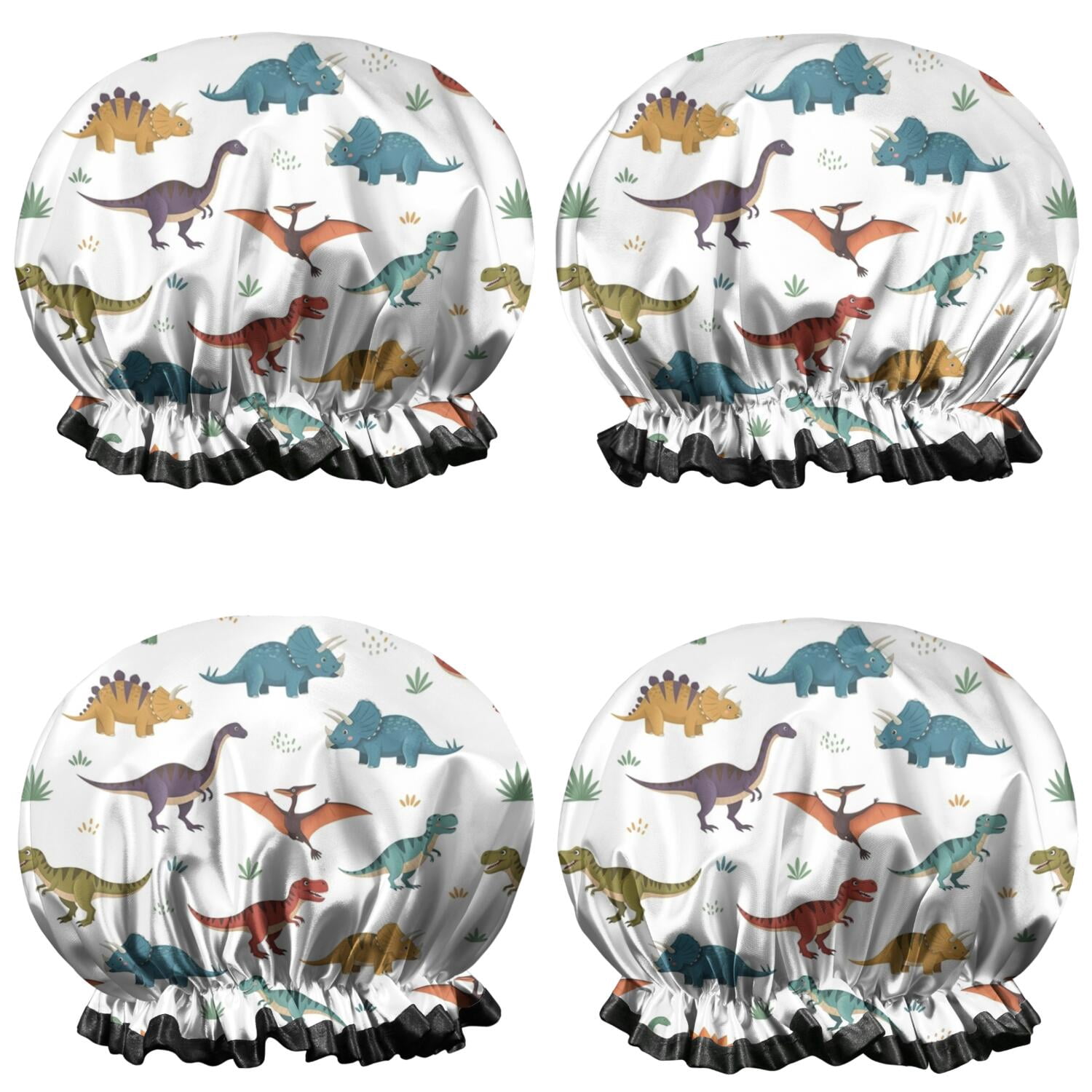 Shower Caps,White Dinosaurs Pterosaurs Plants Pattern Waterproof Shower Cap for Women 4 Pieces,Double Reusable Hair Cover for Shower PEVA Elastic Stretch Hem