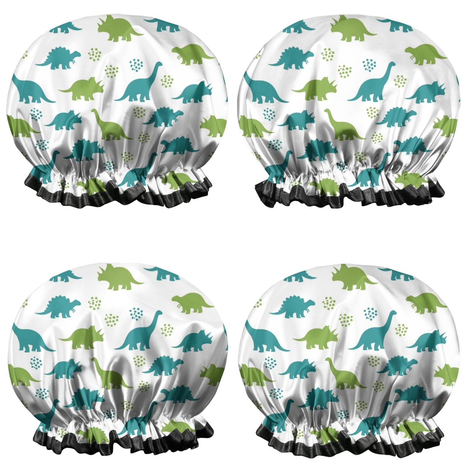 Shower Caps,White Dinosaurs Silhouette Pattern Waterproof Shower Cap for Women 4 Pieces,Double Reusable Hair Cover for Shower PEVA Elastic Stretch Hem