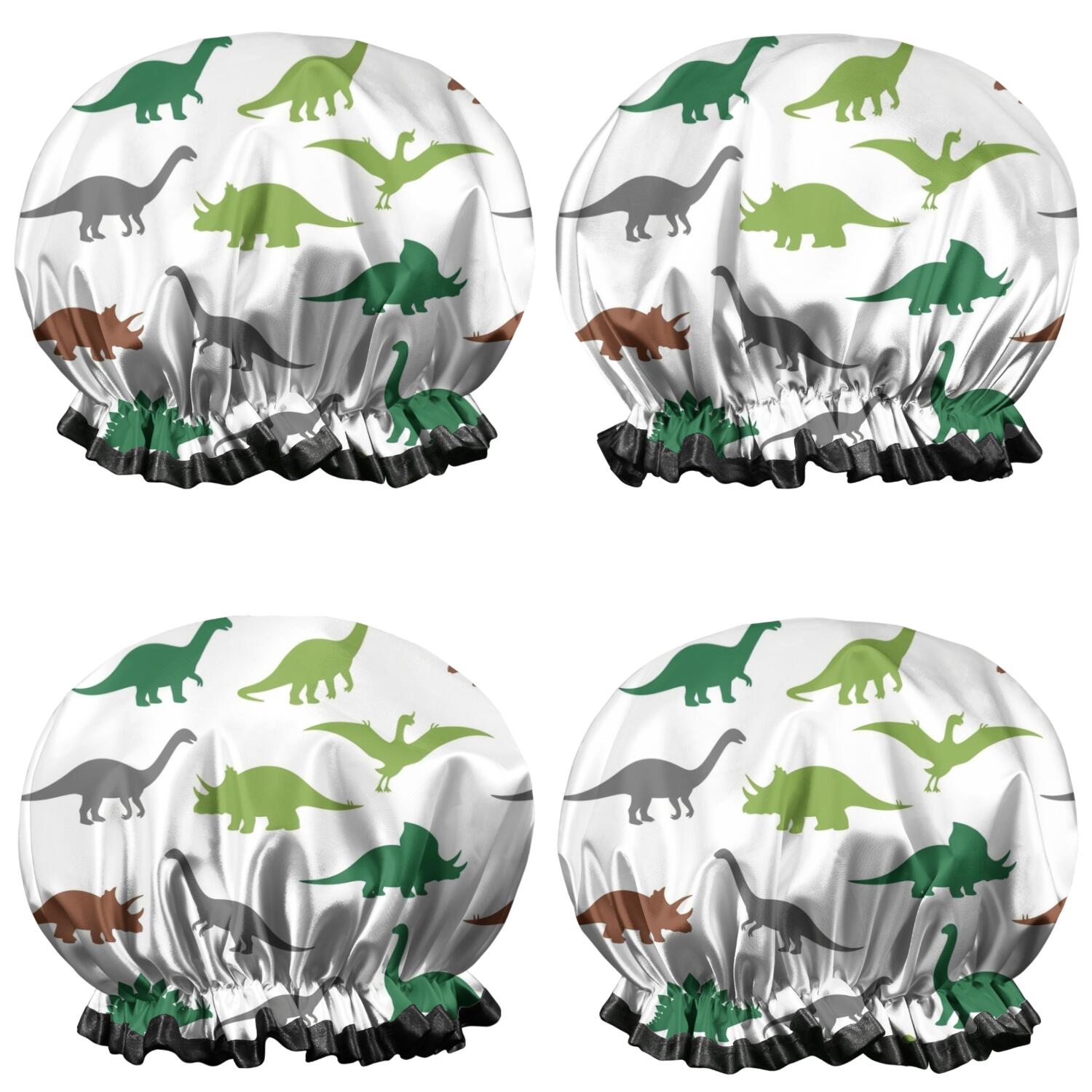 Shower Caps,White Dinosaurs Silhouette Pattern Waterproof Shower Cap for Women 4 Pieces,Double Reusable Hair Cover for Shower PEVA Elastic Stretch Hem