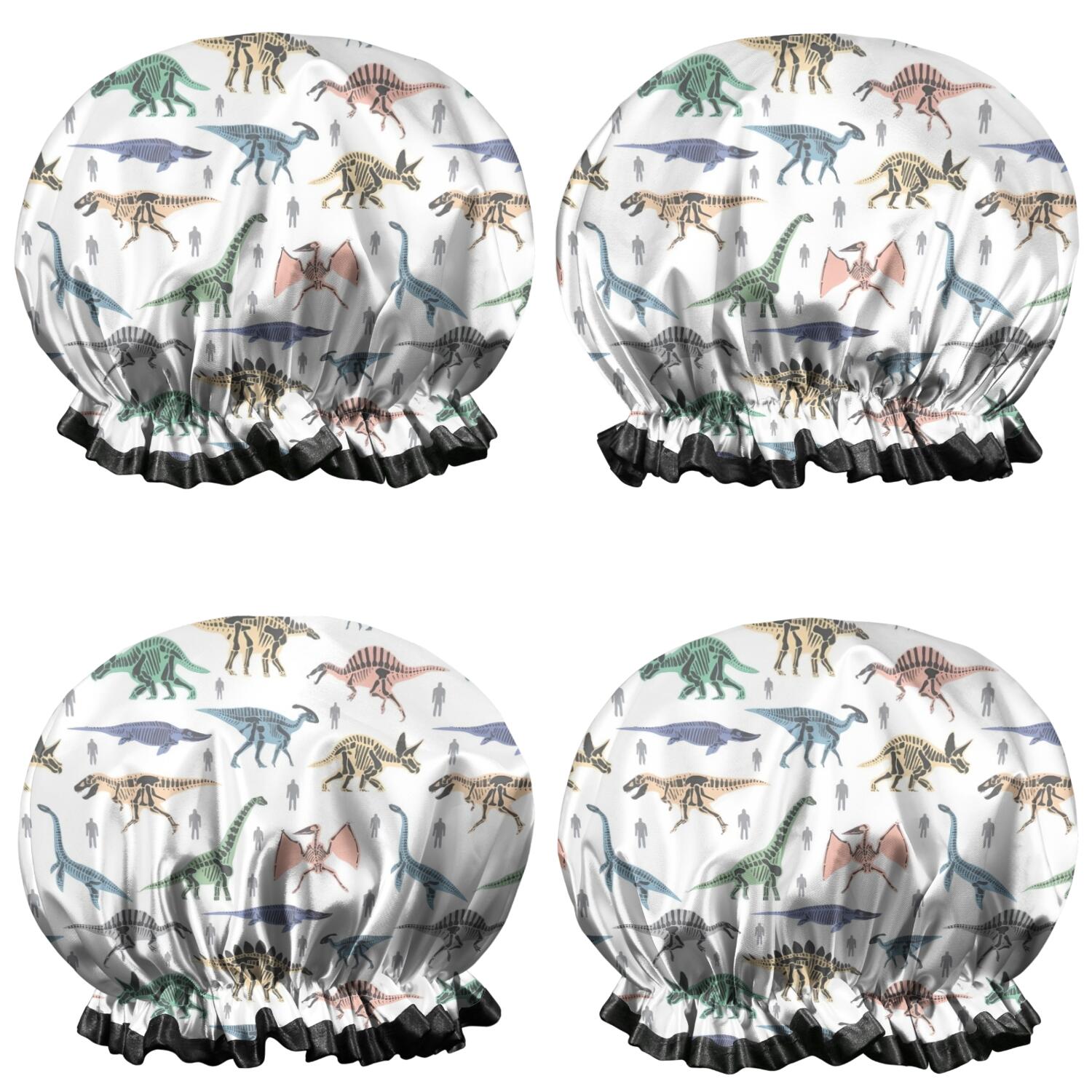 Shower Caps,White Dinosaurs Skeletons Pattern Waterproof Shower Cap for Women 4 Pieces,Double Reusable Hair Cover for Shower PEVA Elastic Stretch Hem