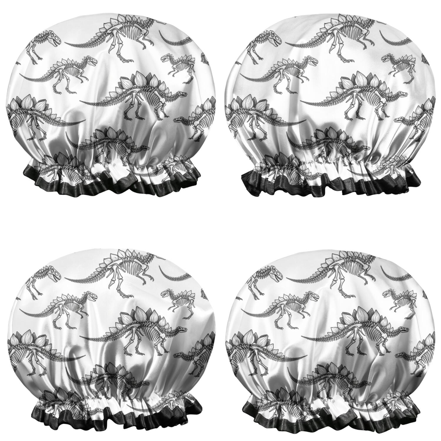 Shower Caps,White Dinosaurs Skeletons Pattern Waterproof Shower Cap for Women 4 Pieces,Double Reusable Hair Cover for Shower PEVA Elastic Stretch Hem