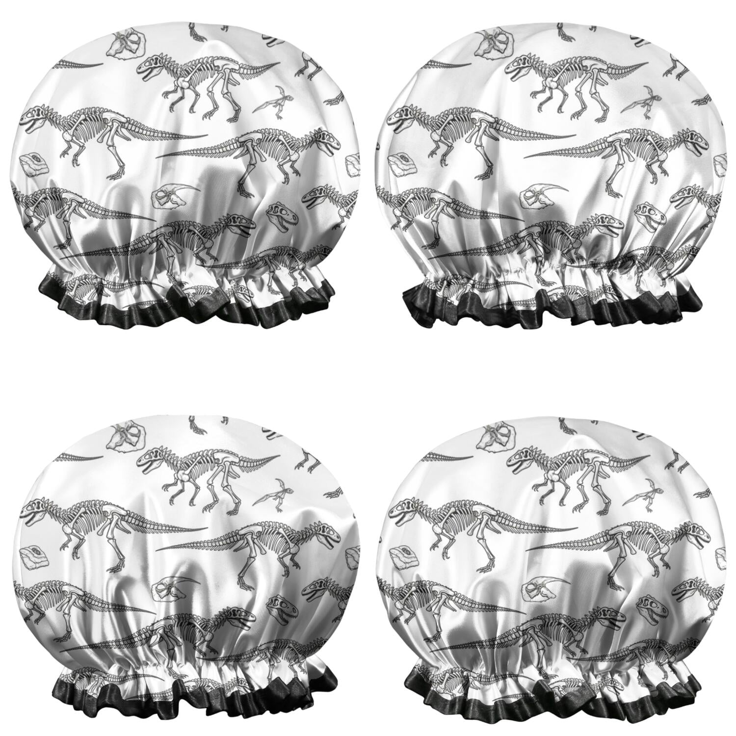 Shower Caps,White Dinosaurs Skeletons Pattern Waterproof Shower Cap for Women 4 Pieces,Double Reusable Hair Cover for Shower PEVA Elastic Stretch Hem