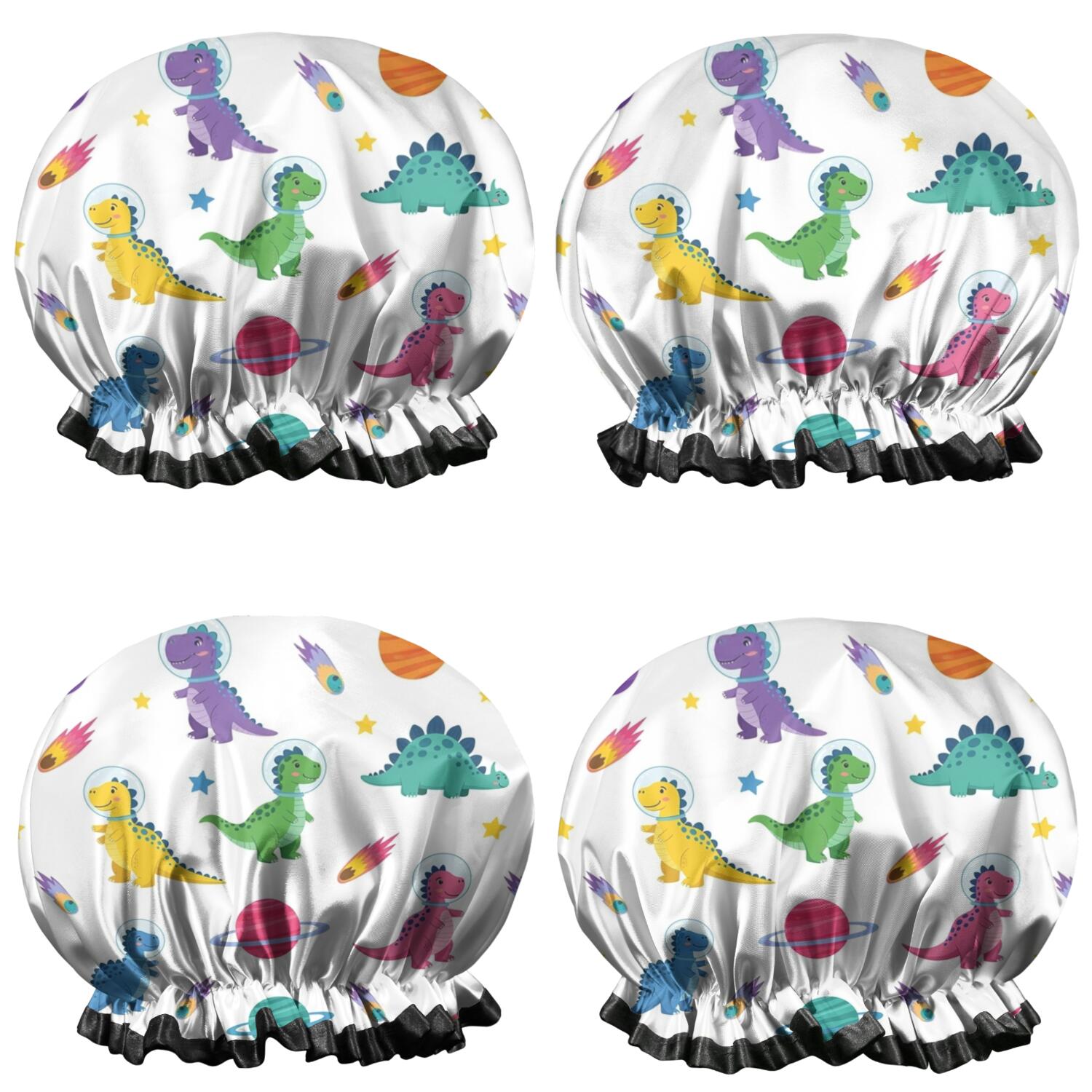 Shower Caps,White Dinosaurs Space Pattern Waterproof Shower Cap for Women 4 Pieces,Double Reusable Hair Cover for Shower PEVA Elastic Stretch Hem