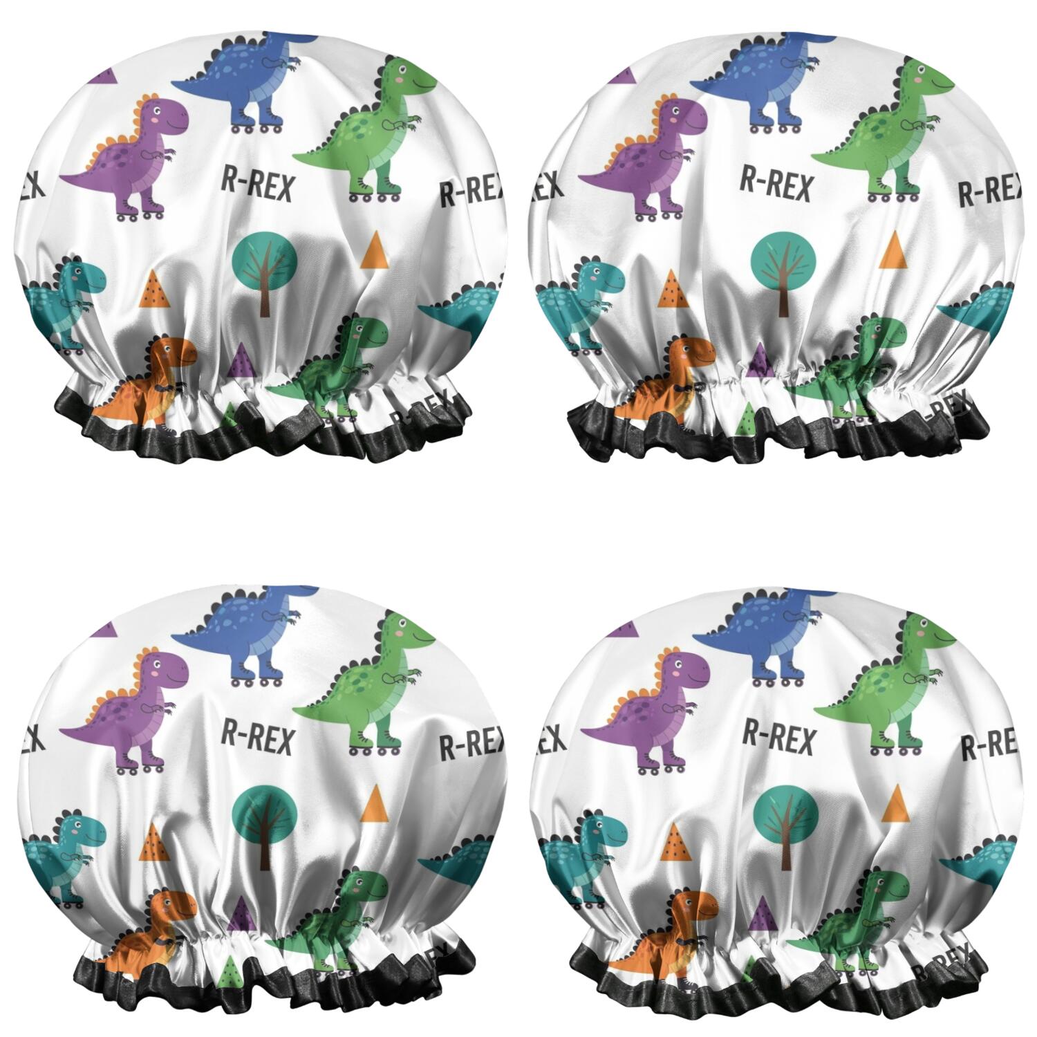 Shower Caps,White Dinosaurs Trees Text Pattern Waterproof Shower Cap for Women 4 Pieces,Double Reusable Hair Cover for Shower PEVA Elastic Stretch Hem