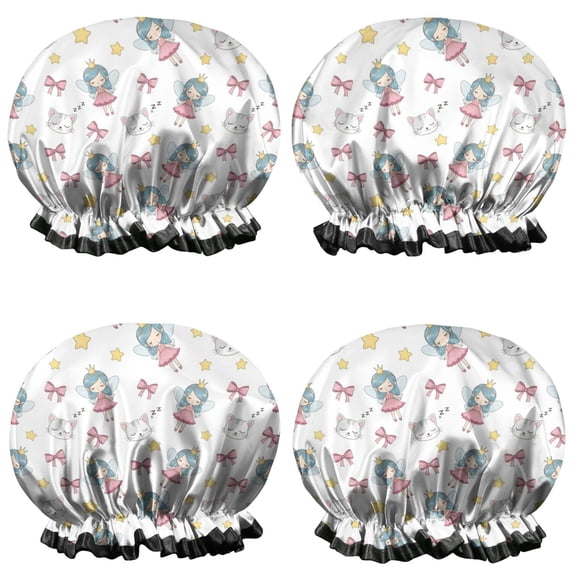 Shower Caps,White Fairy Cat Pattern Waterproof Shower Cap for Women 4 Pieces,Double Reusable Hair Cover for Shower PEVA Elastic Stretch Hem
