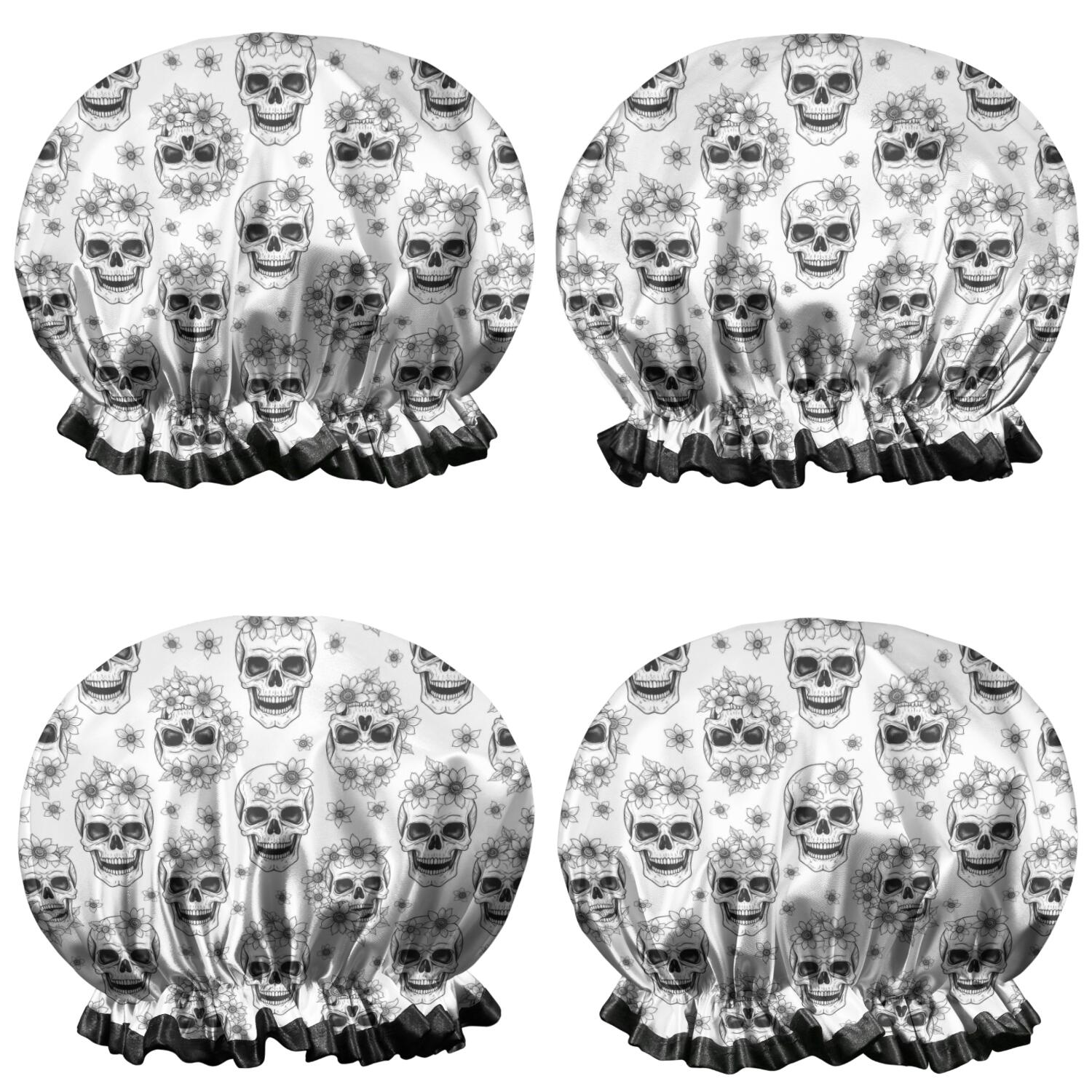 Shower Caps,White Floral Skull Pattern Waterproof Shower Cap for Women 4 Pieces,Double Reusable Hair Cover for Shower PEVA Elastic Stretch Hem