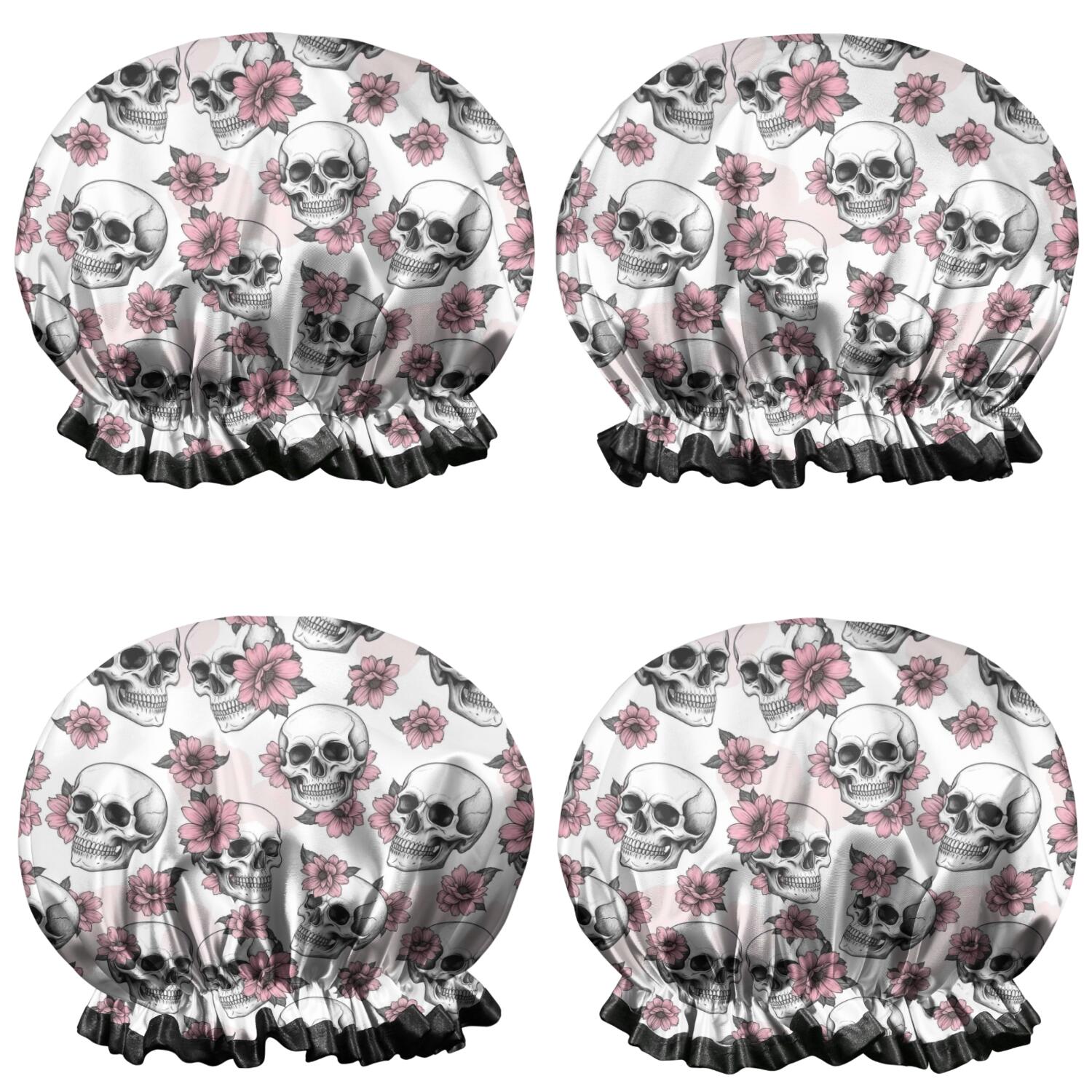 Shower Caps,White Floral Skull Pattern Waterproof Shower Cap for Women 4 Pieces,Double Reusable Hair Cover for Shower PEVA Elastic Stretch Hem