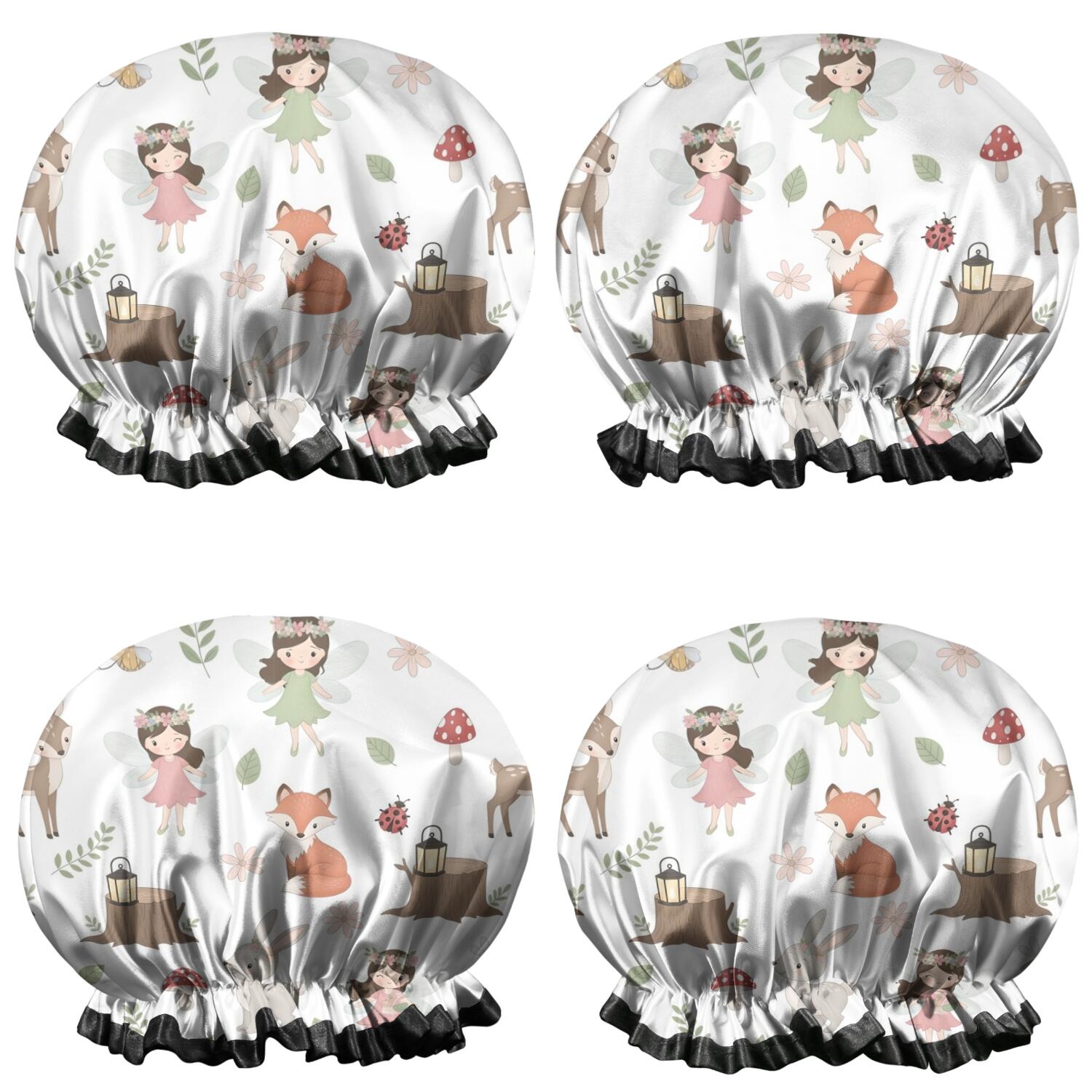 Shower Caps,White Forest Fairy Pattern Waterproof Shower Cap for Women 4 Pieces,Double Reusable Hair Cover for Shower PEVA Elastic Stretch Hem