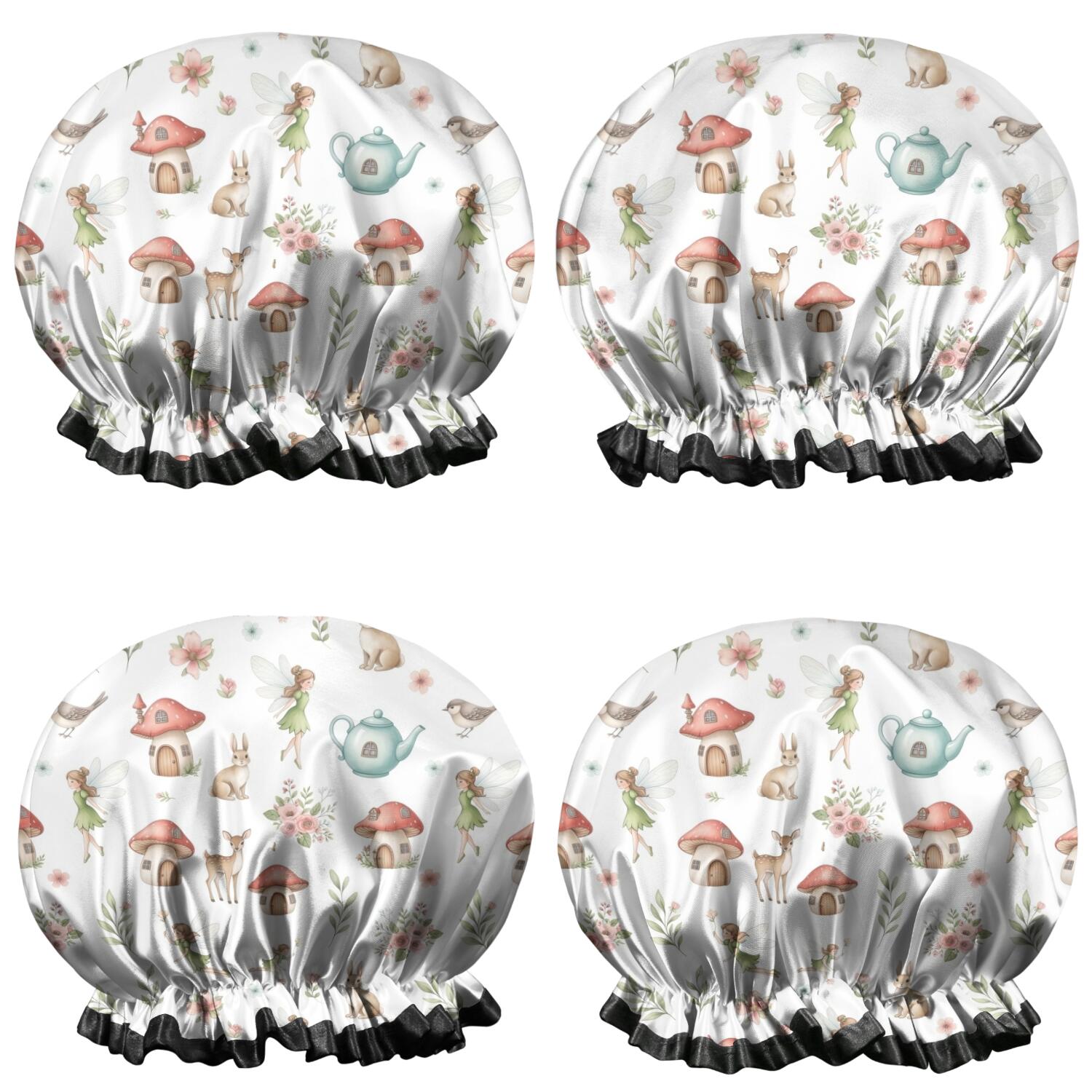 Shower Caps,White Forest Fairy Pattern Waterproof Shower Cap for Women 4 Pieces,Double Reusable Hair Cover for Shower PEVA Elastic Stretch Hem