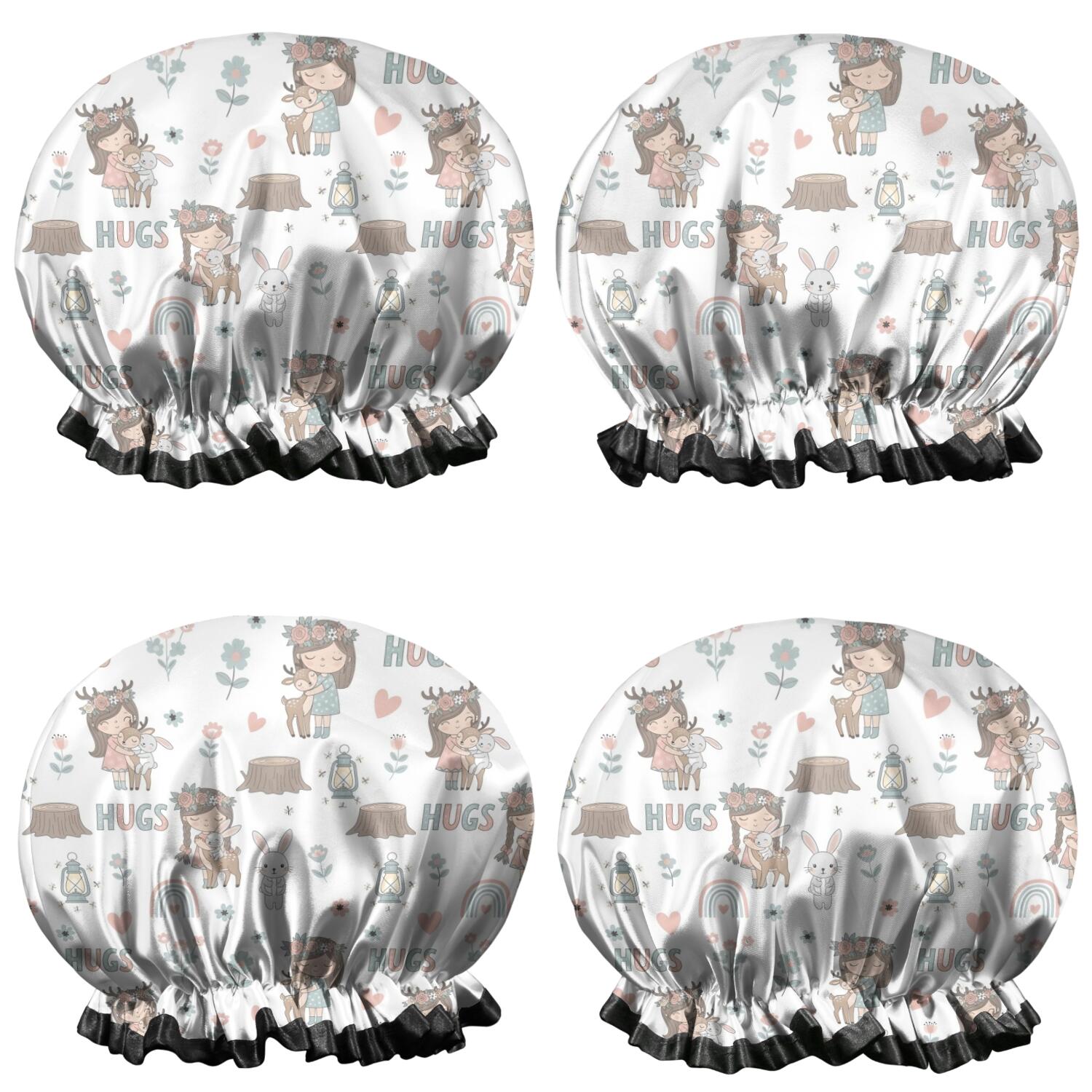Shower Caps,White Forest Girl Pattern Waterproof Shower Cap for Women 4 Pieces,Double Reusable Hair Cover for Shower PEVA Elastic Stretch Hem