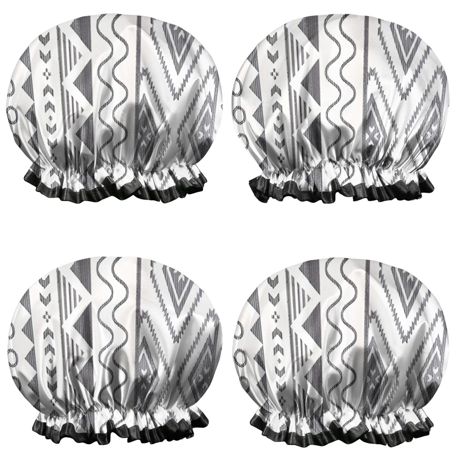 Shower Caps,White Geometric Diamond Wave Pattern Waterproof Shower Cap for Women 4 Pieces,Double Reusable Hair Cover for Shower PEVA Elastic Stretch Hem