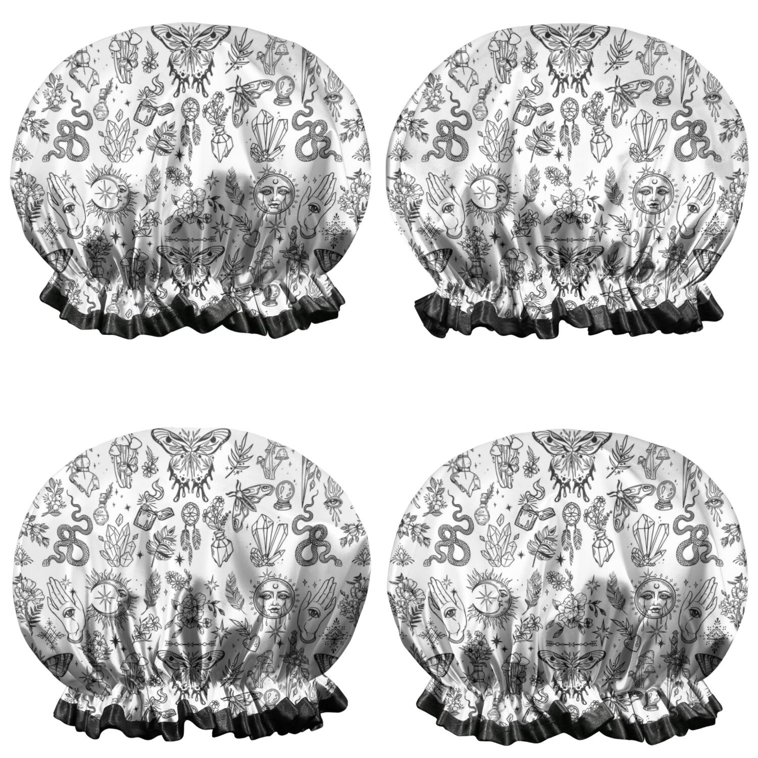 Shower Caps,White Gothic Hand Butterfly Pattern Waterproof Shower Cap for Women 4 Pieces,Double Reusable Hair Cover for Shower PEVA Elastic Stretch Hem