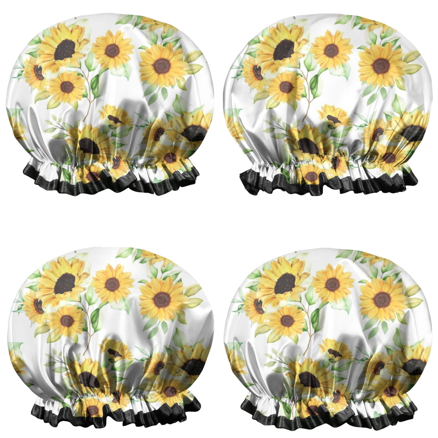 Shower Caps,White Green Leaf Sunflower Pattern Waterproof Shower Cap for Women 4 Pieces,Double Reusable Hair Cover for Shower PEVA Elastic Stretch Hem