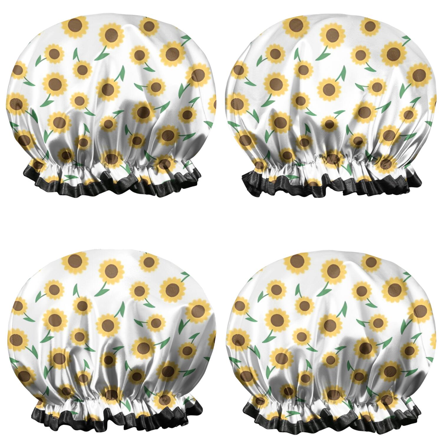 Shower Caps,White Green Stem Sunflower Pattern Waterproof Shower Cap for Women 4 Pieces,Double Reusable Hair Cover for Shower PEVA Elastic Stretch Hem