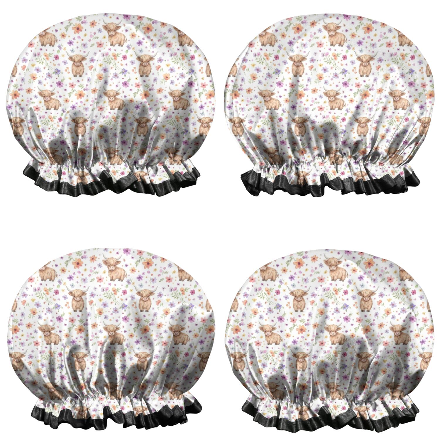 Shower Caps,White Highland Cow Flower Pattern Waterproof Shower Cap for Women 4 Pieces,Double Reusable Hair Cover for Shower PEVA Elastic Stretch Hem