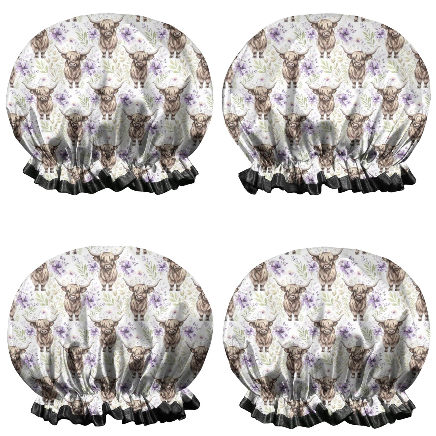 Shower Caps,White Highland Cow Flower Pattern Waterproof Shower Cap for Women 4 Pieces,Double Reusable Hair Cover for Shower PEVA Elastic Stretch Hem