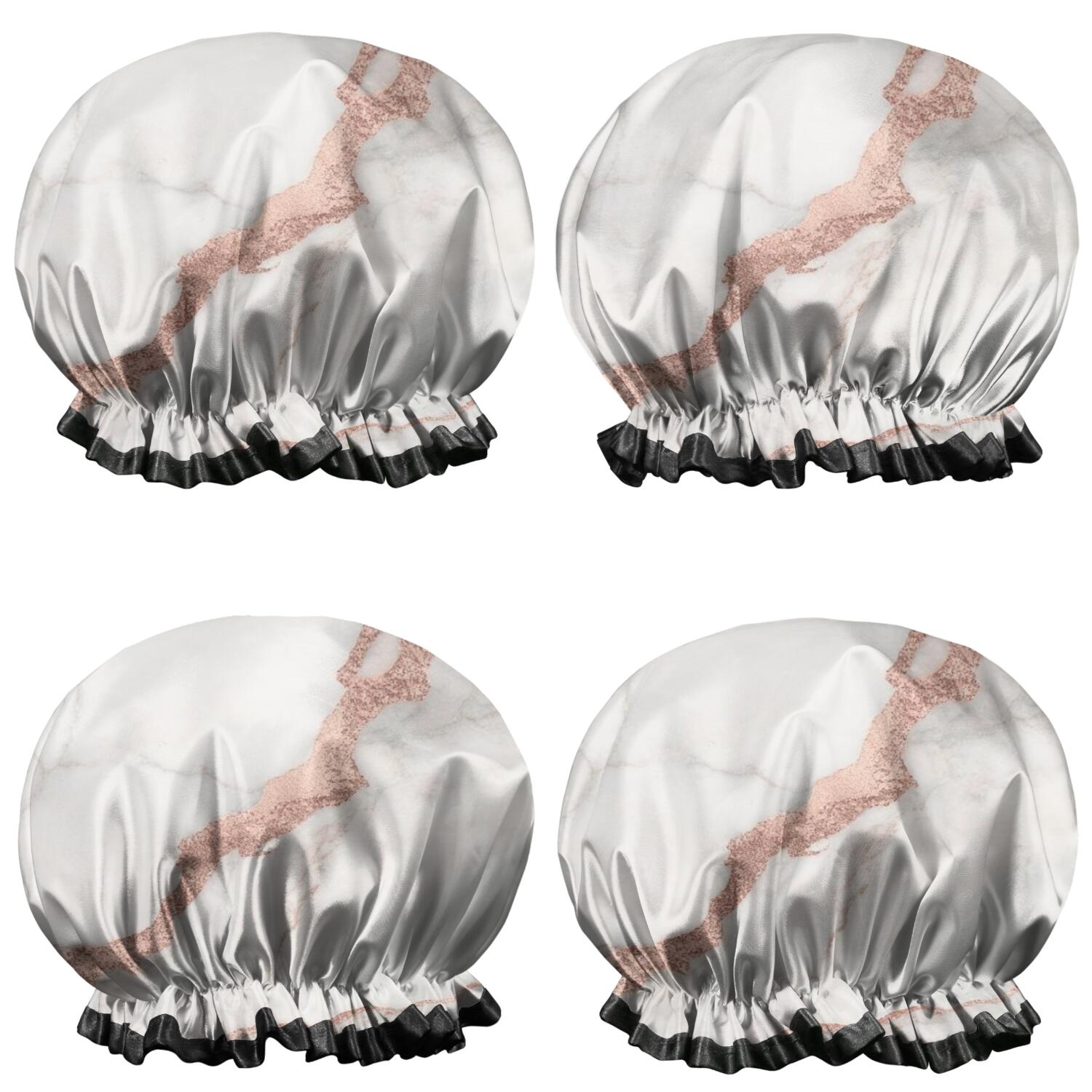 Shower Caps,White Marble Rose Gold Line Pattern Waterproof Shower Cap for Women 4 Pieces,Double Reusable Hair Cover for Shower PEVA Elastic Stretch Hem