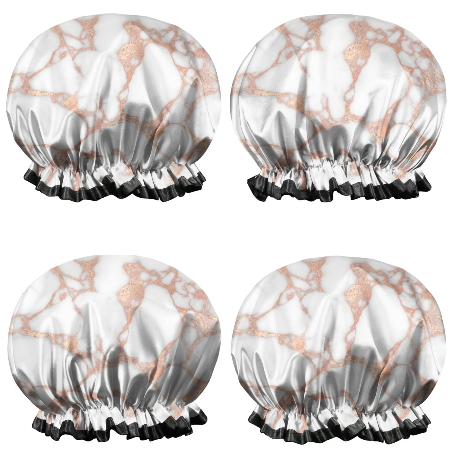 Shower Caps,White Marble Rose Gold Line Pattern Waterproof Shower Cap for Women 4 Pieces,Double Reusable Hair Cover for Shower PEVA Elastic Stretch Hem