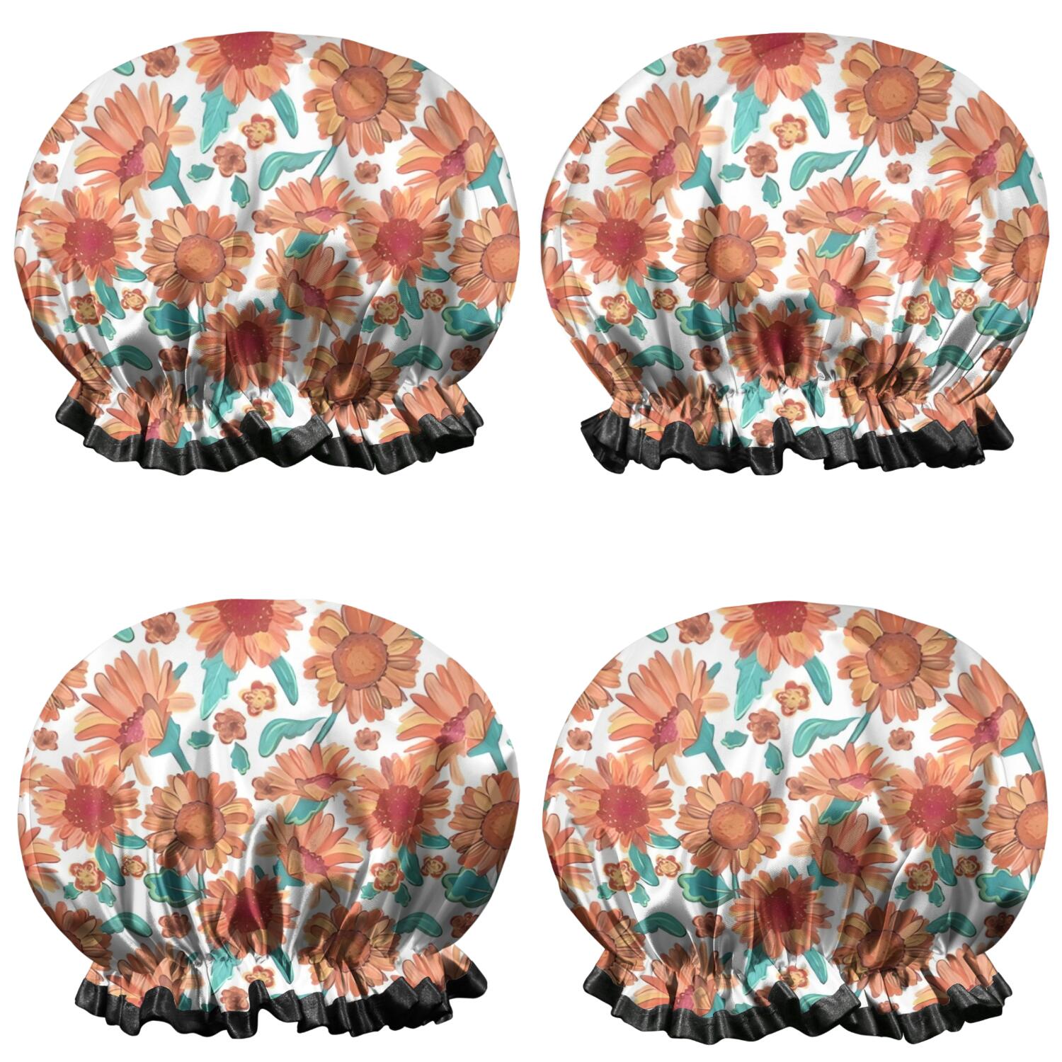 Shower Caps,White Orange Sunflower Green Leaf Pattern Waterproof Shower Cap for Women 4 Pieces,Double Reusable Hair Cover for Shower PEVA Elastic Stretch Hem