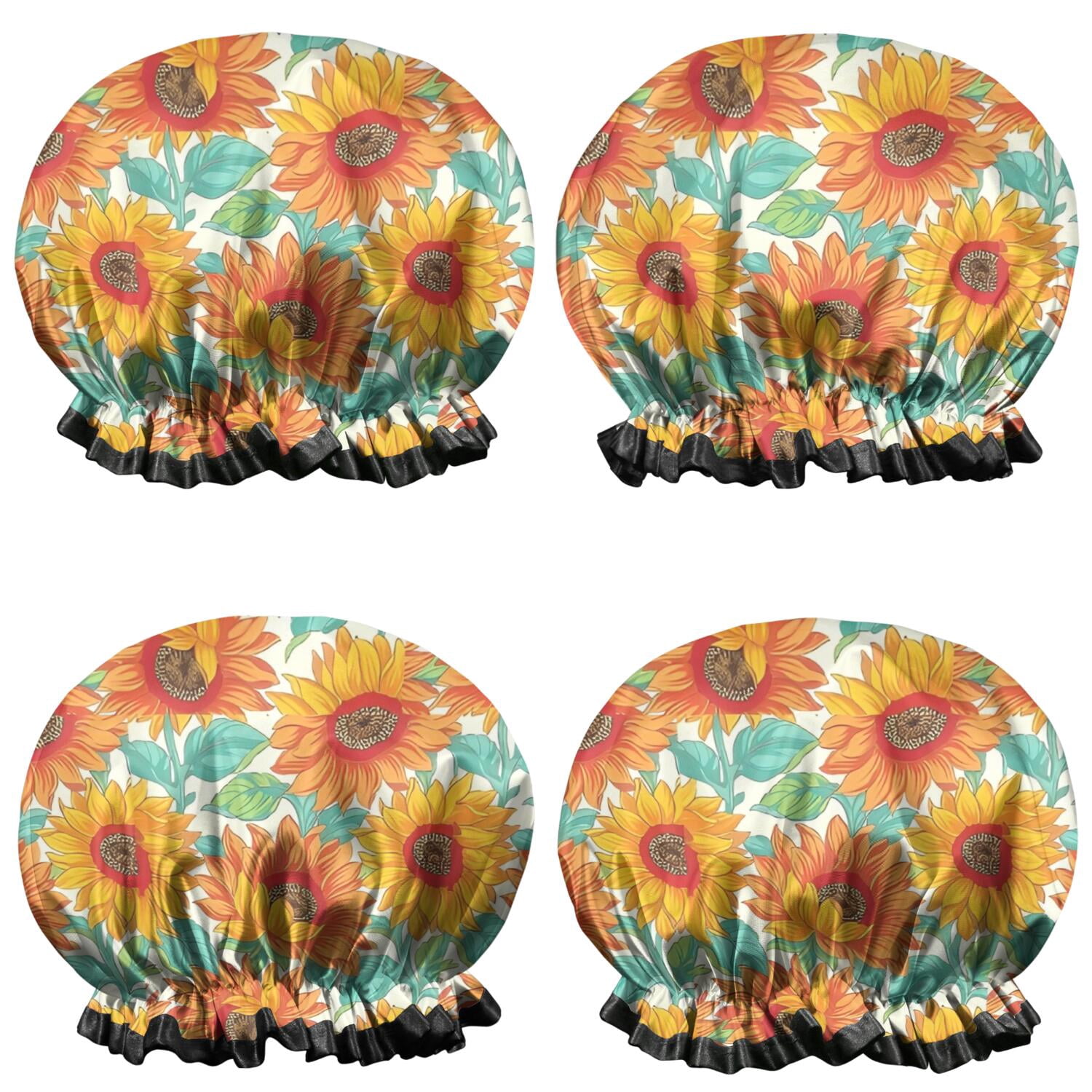 Shower Caps,White Orange Sunflower Pattern Waterproof Shower Cap for Women 4 Pieces,Double Reusable Hair Cover for Shower PEVA Elastic Stretch Hem
