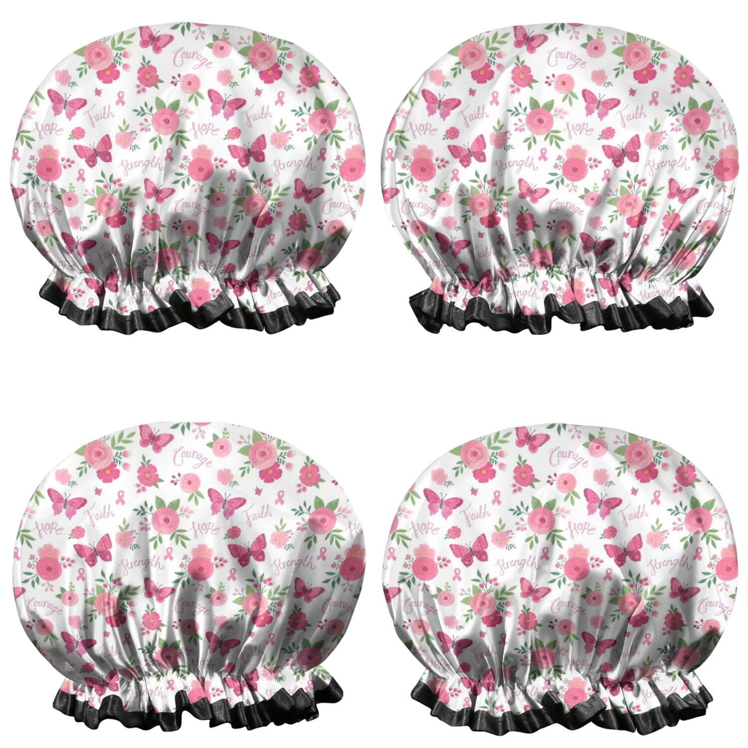 Shower Caps,White Pink Butterfly Flower Pattern Waterproof Shower Cap for Women 4 Pieces,Double Reusable Hair Cover for Shower PEVA Elastic Stretch Hem