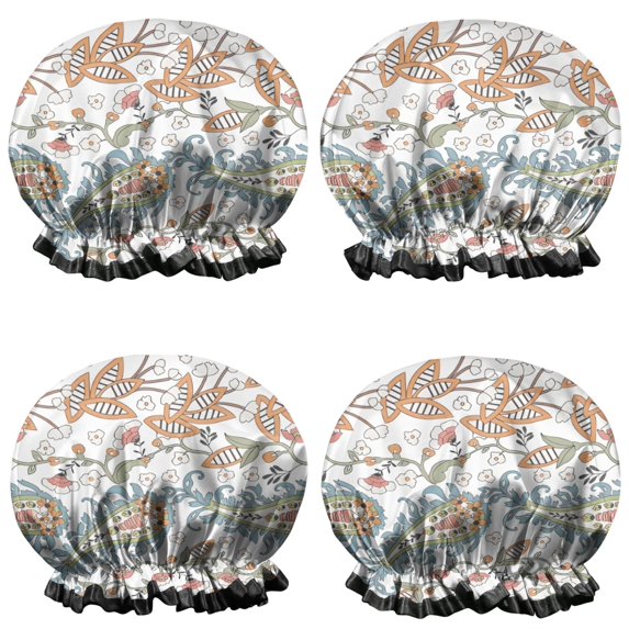 Shower Caps,White Pioneer Flower and Paisley Pattern Waterproof Shower Cap for Women 4 Pieces,Double Reusable Hair Cover for Shower PEVA Elastic Stretch Hem