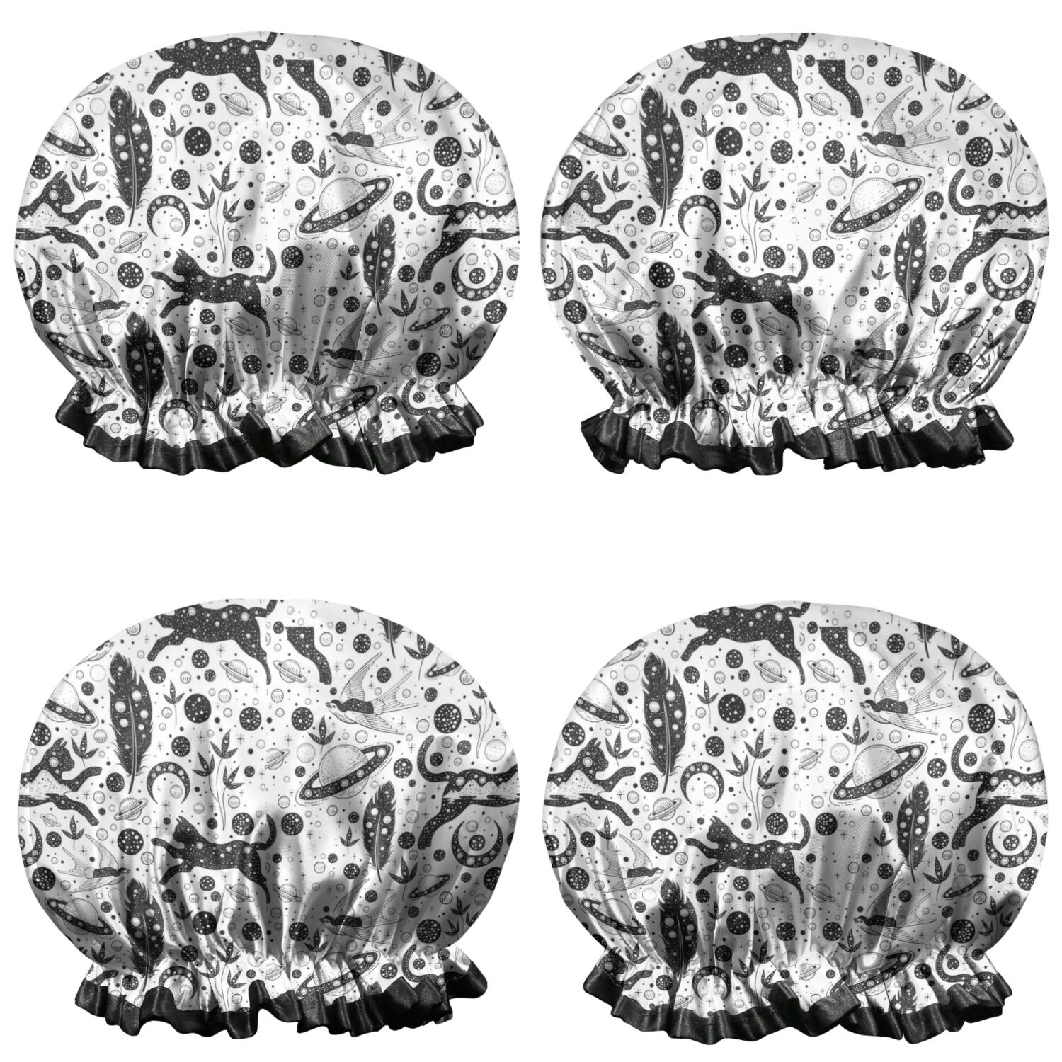 Shower Caps,White Planet Cat Feather Pattern Waterproof Shower Cap for Women 4 Pieces,Double Reusable Hair Cover for Shower PEVA Elastic Stretch Hem