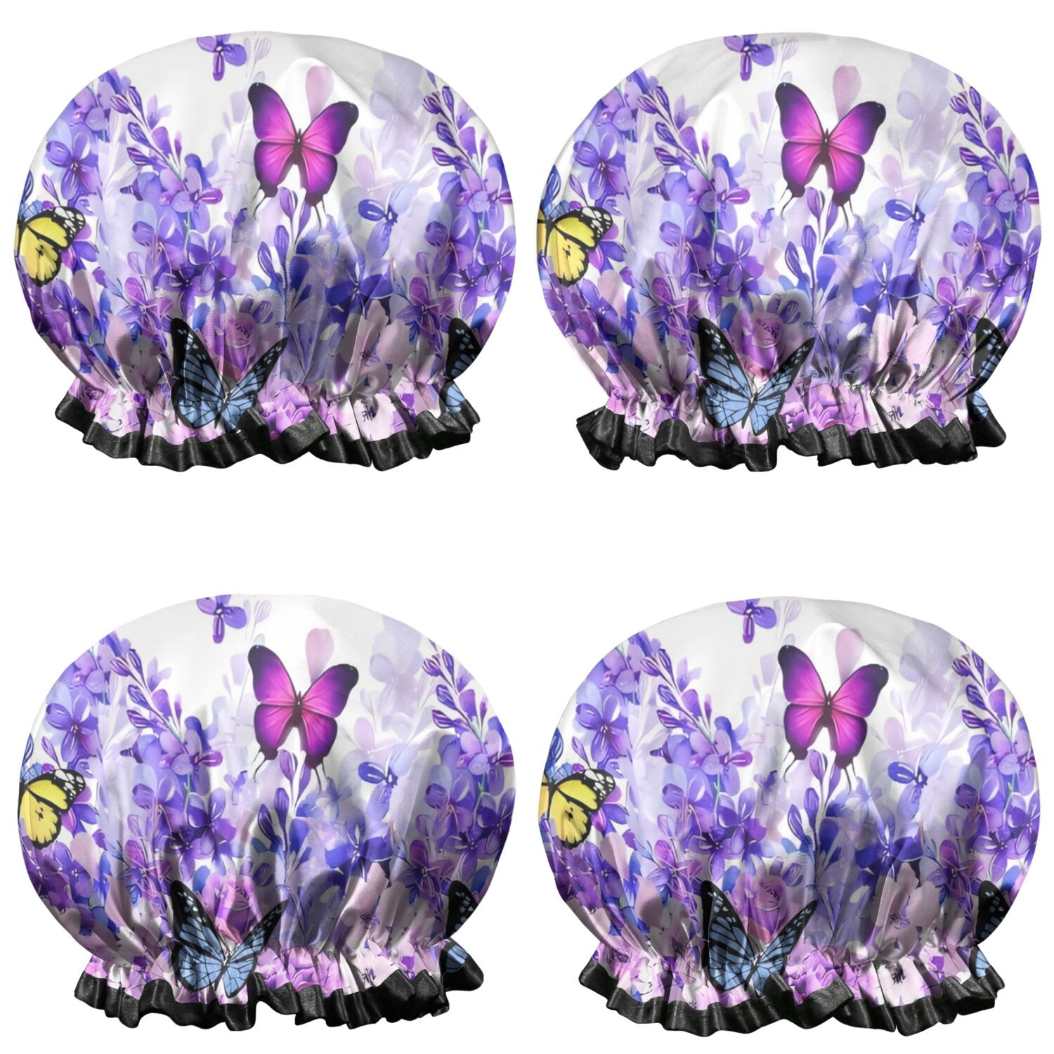 Shower Caps,White Purple Butterfly Flower Pattern Waterproof Shower Cap for Women 4 Pieces,Double Reusable Hair Cover for Shower PEVA Elastic Stretch Hem