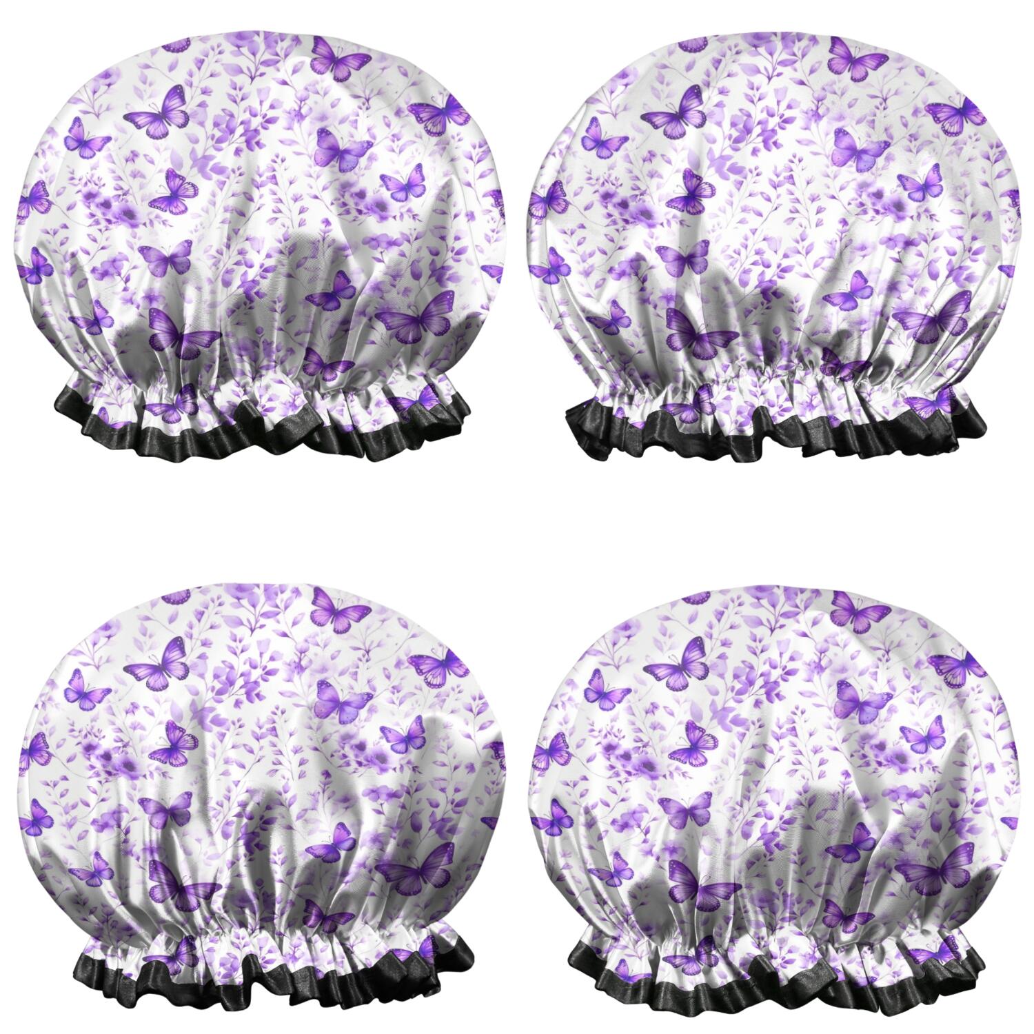 Shower Caps,White Purple Butterfly Flower Pattern Waterproof Shower Cap for Women 4 Pieces,Double Reusable Hair Cover for Shower PEVA Elastic Stretch Hem