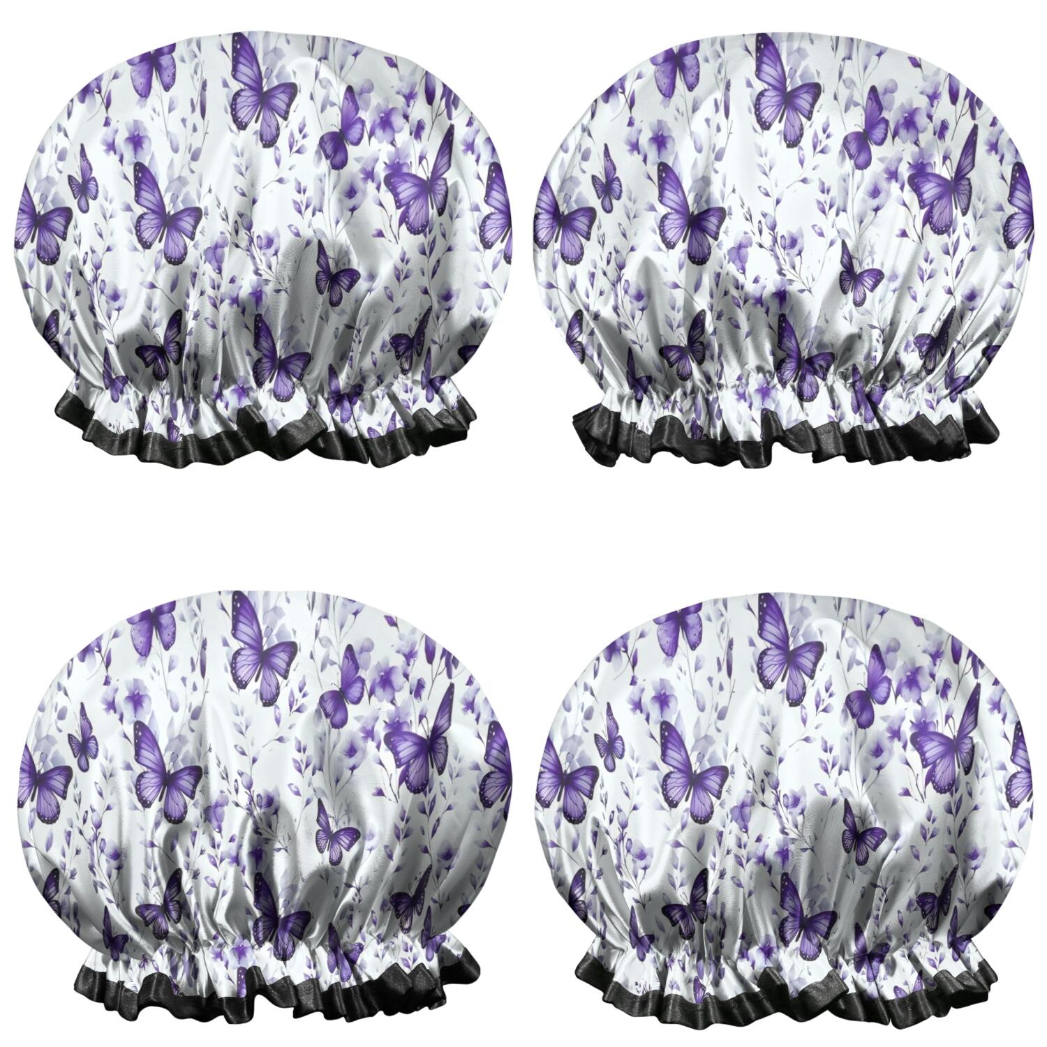 Shower Caps,White Purple Butterfly Plant Pattern Waterproof Shower Cap for Women 4 Pieces,Double Reusable Hair Cover for Shower PEVA Elastic Stretch Hem