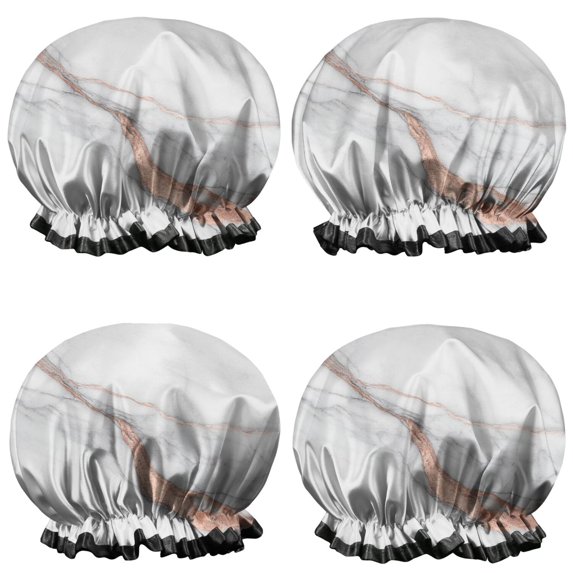 Shower Caps,White Rose Gold Marble Pattern Waterproof Shower Cap for Women 4 Pieces,Double Reusable Hair Cover for Shower PEVA Elastic Stretch Hem