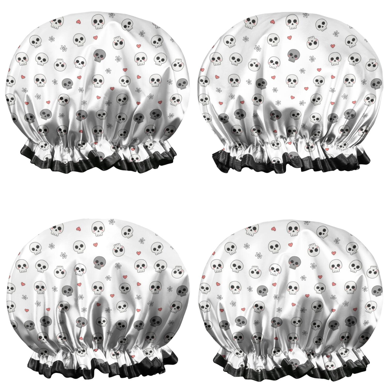 Shower Caps,White Skull Heart Flower Pattern Waterproof Shower Cap for Women 4 Pieces,Double Reusable Hair Cover for Shower PEVA Elastic Stretch Hem