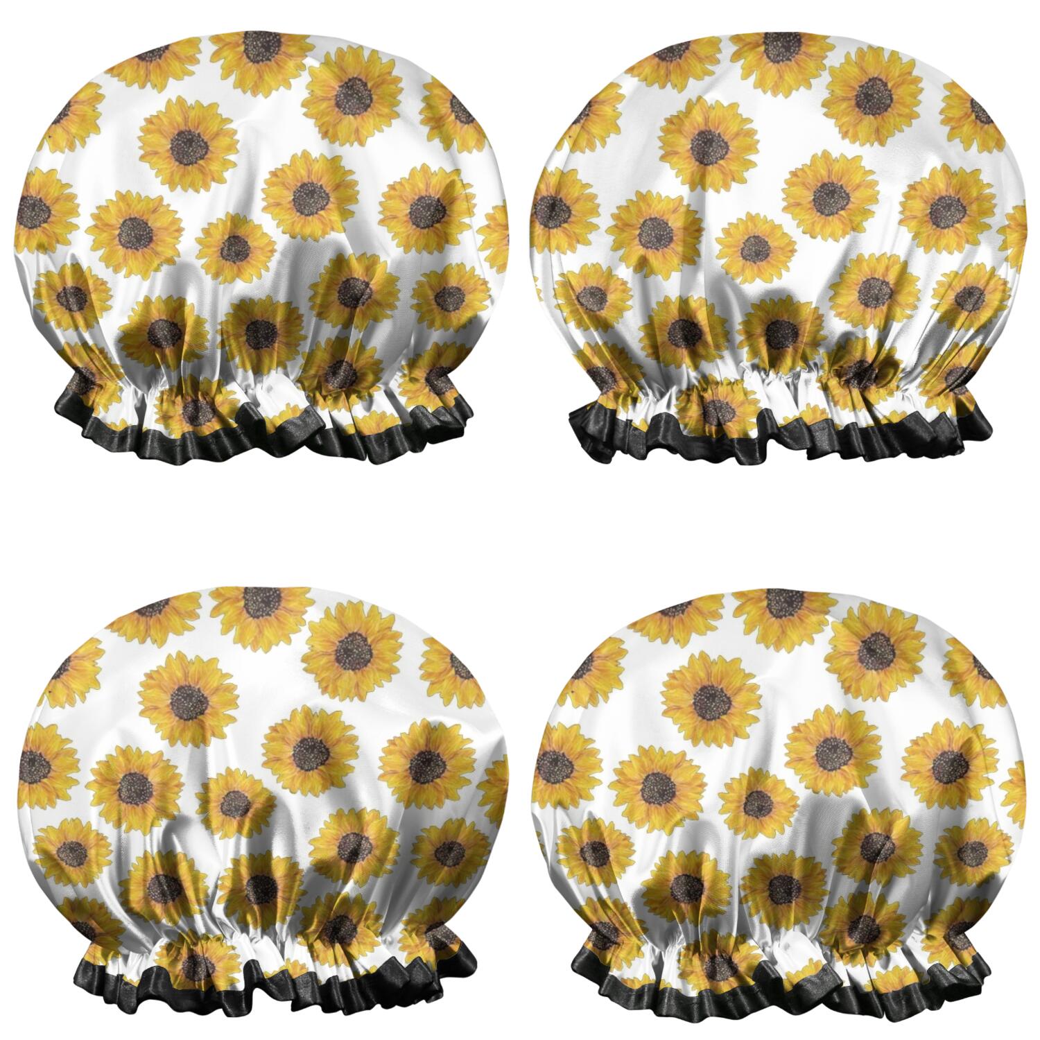 Shower Caps,White Small Sunflower Pattern Waterproof Shower Cap for Women 4 Pieces,Double Reusable Hair Cover for Shower PEVA Elastic Stretch Hem