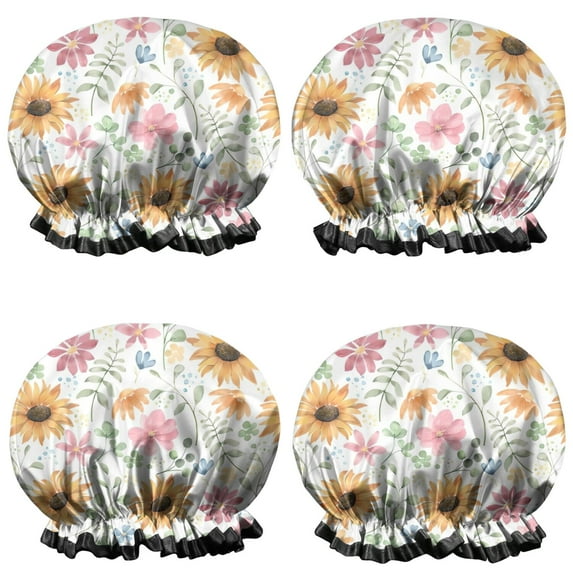 Shower Caps,White Sunflower Colorful Flower Pattern Waterproof Shower Cap for Women 4 Pieces,Double Reusable Hair Cover for Shower PEVA Elastic Stretch Hem