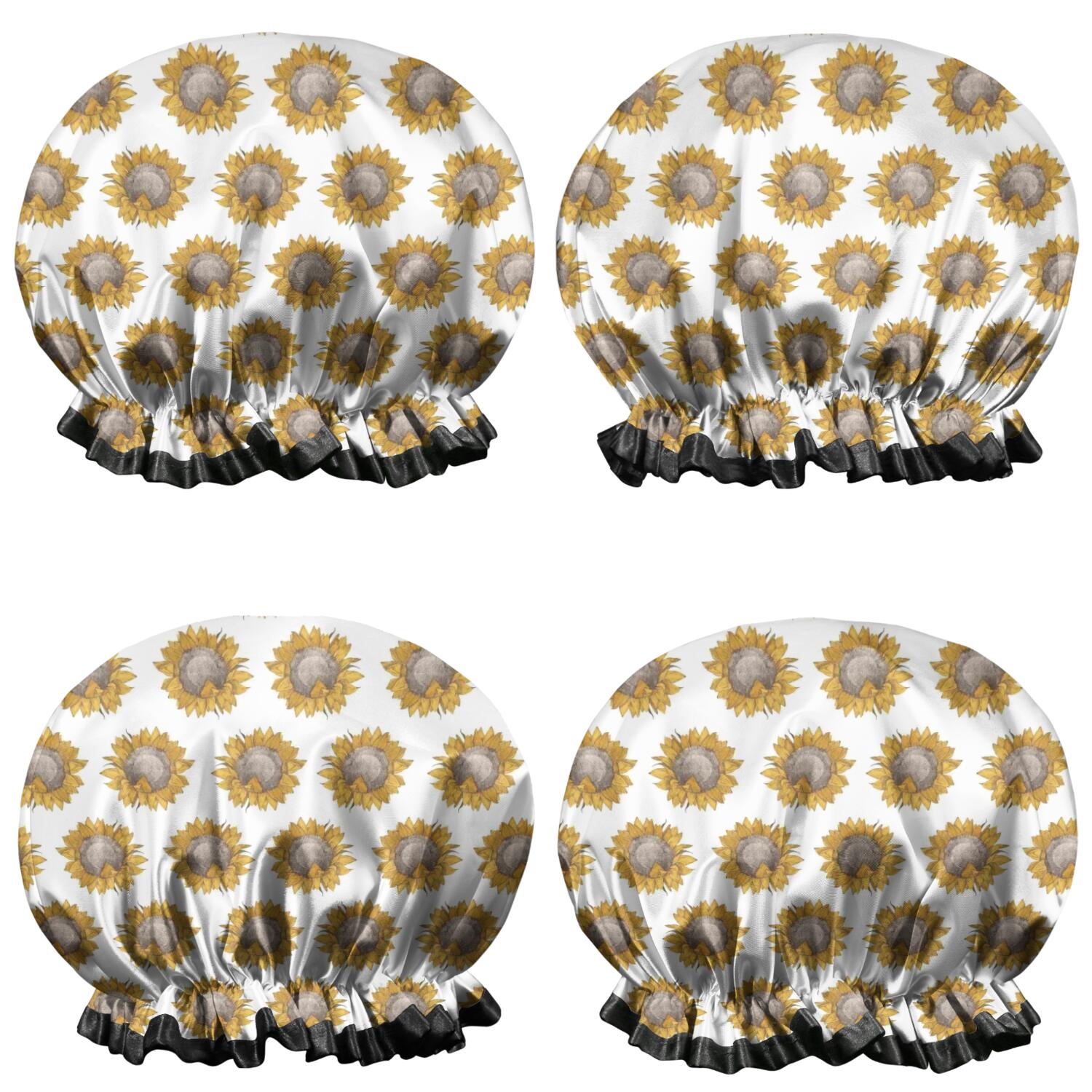 Shower Caps,White Sunflower Pattern Waterproof Shower Cap for Women 4 Pieces,Double Reusable Hair Cover for Shower PEVA Elastic Stretch Hem