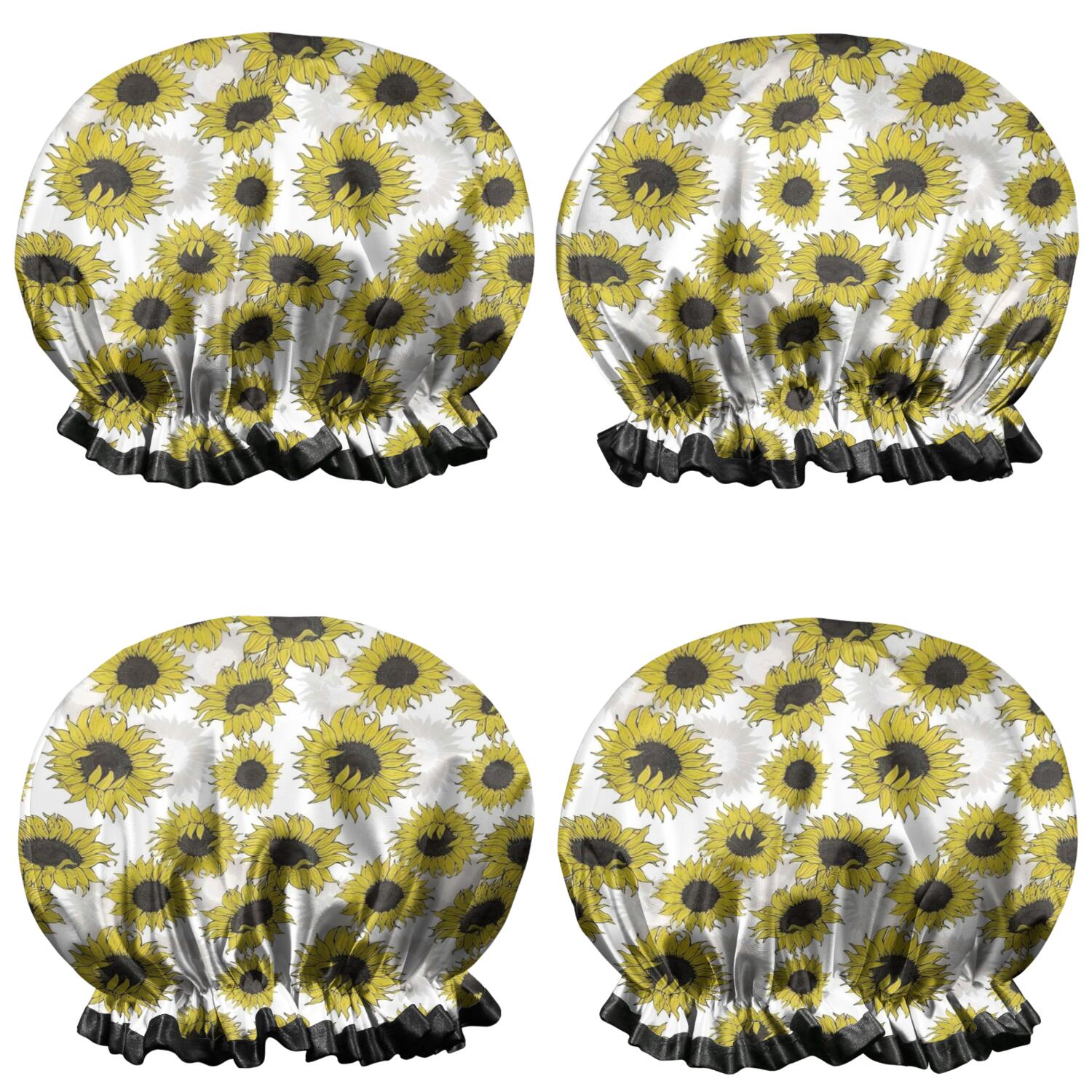 Shower Caps,White Sunflower Pattern Waterproof Shower Cap for Women 4 Pieces,Double Reusable Hair Cover for Shower PEVA Elastic Stretch Hem
