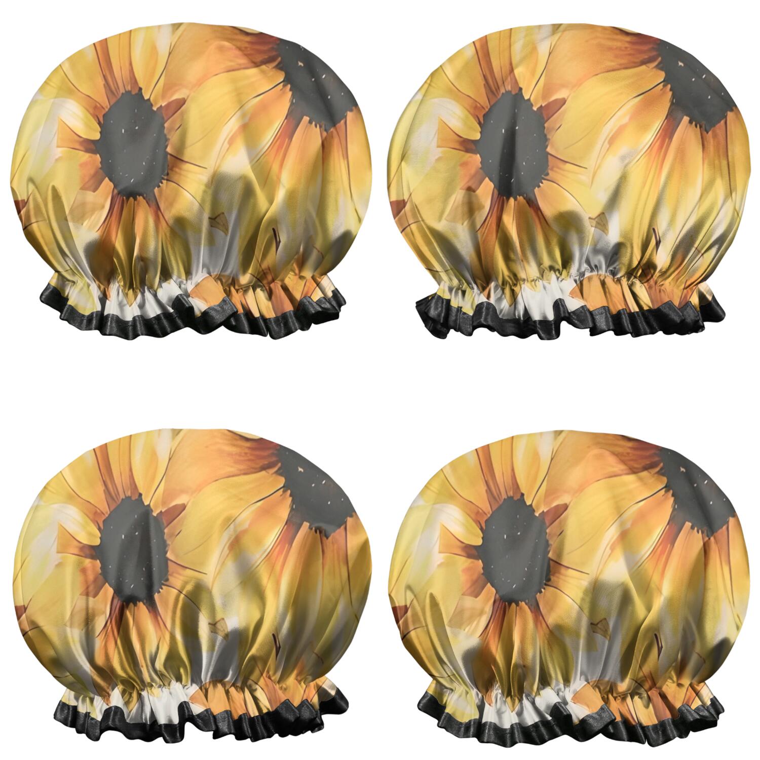 Shower Caps,White Sunflower Pattern Waterproof Shower Cap for Women 4 Pieces,Double Reusable Hair Cover for Shower PEVA Elastic Stretch Hem