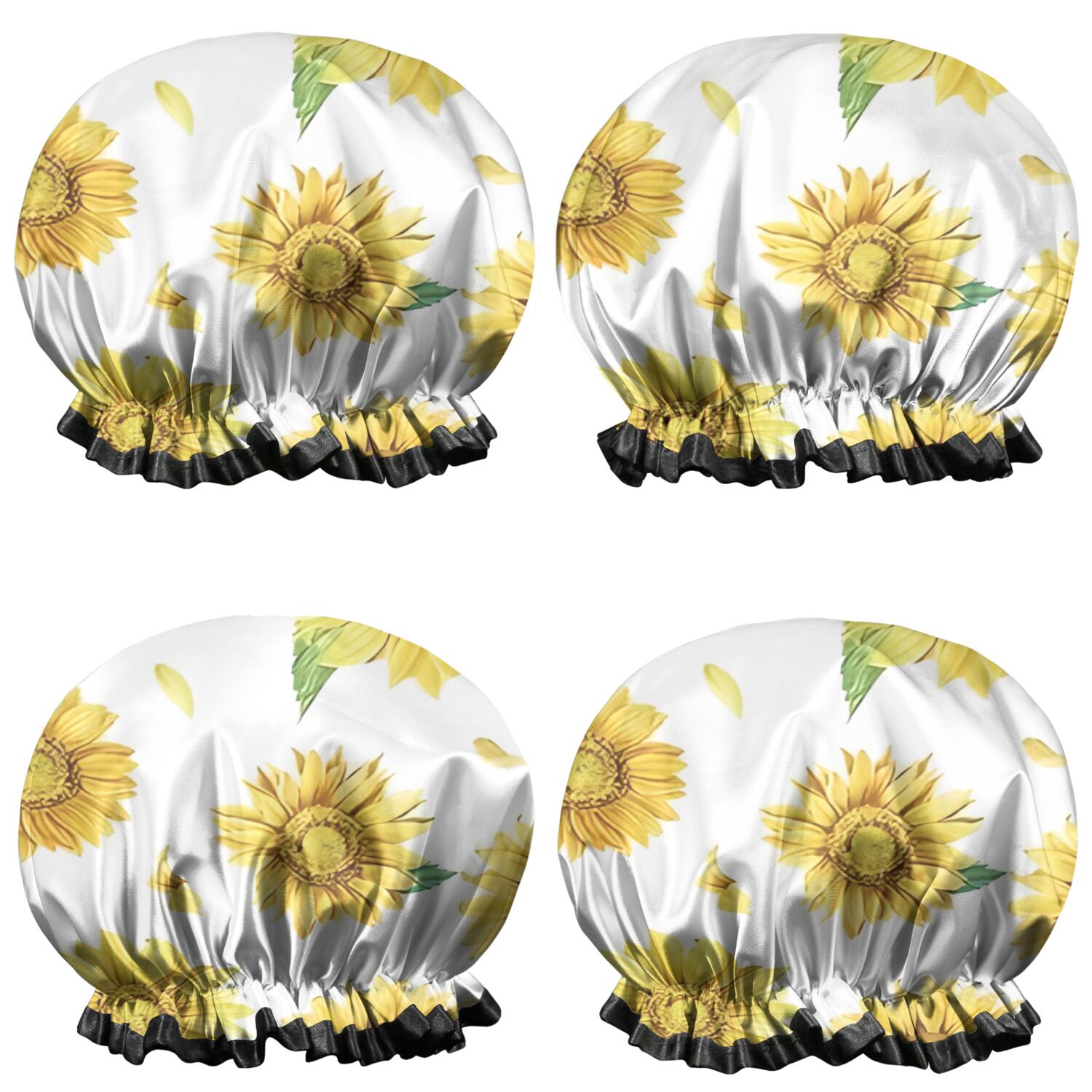 Shower Caps,White Sunflower Petal Pattern Waterproof Shower Cap for Women 4 Pieces,Double Reusable Hair Cover for Shower PEVA Elastic Stretch Hem