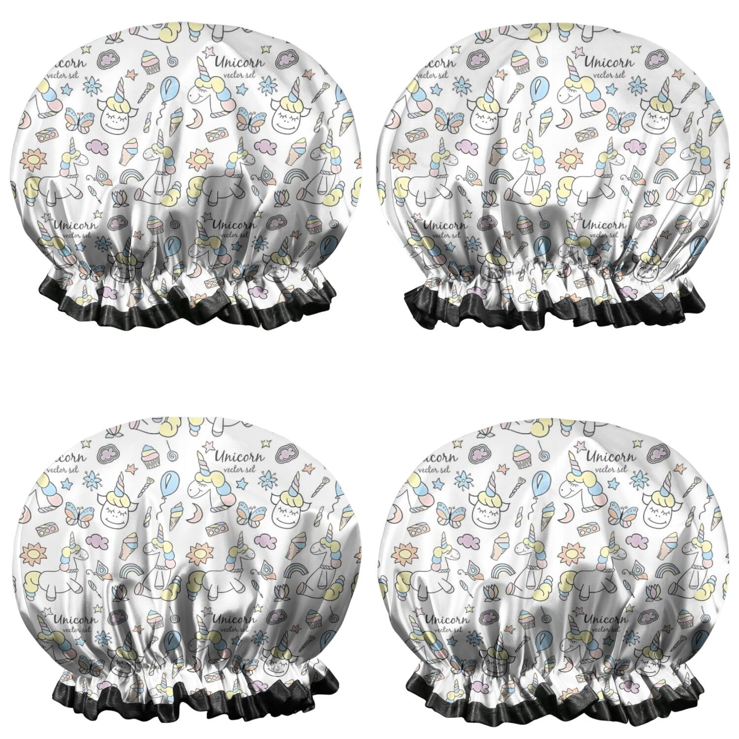 Shower Caps,White Unicorn Dessert Pattern Waterproof Shower Cap for Women 4 Pieces,Double Reusable Hair Cover for Shower PEVA Elastic Stretch Hem
