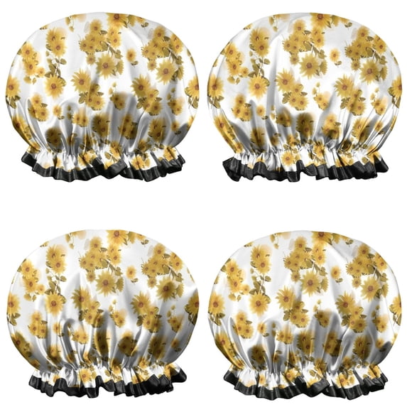 Shower Caps,White Yellow Flower Sunflower Pattern Waterproof Shower Cap for Women 4 Pieces,Double Reusable Hair Cover for Shower PEVA Elastic Stretch Hem