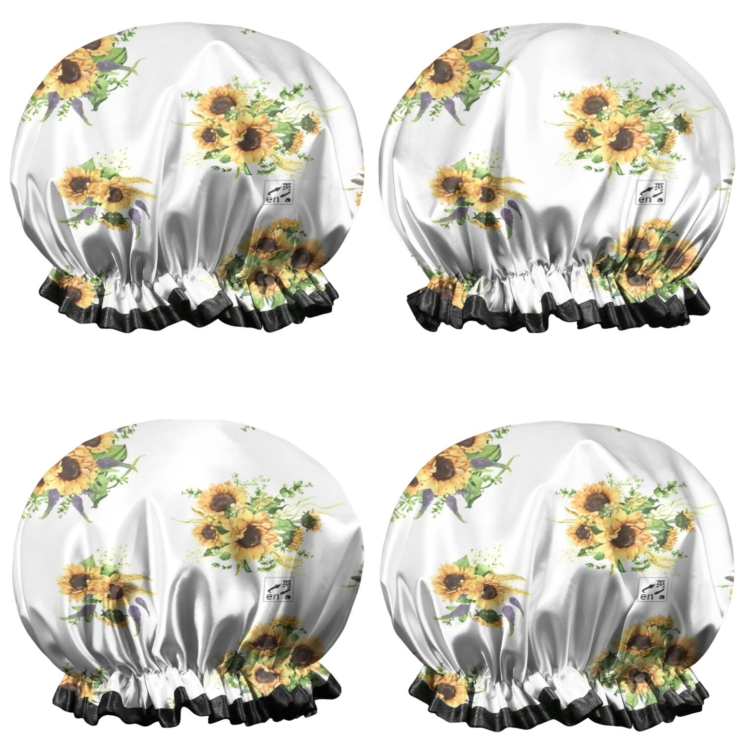 Shower Caps,White Yellow Purple Flower Bouquet Sunflower Pattern Waterproof Shower Cap for Women 4 Pieces,Double Reusable Hair Cover for Shower PEVA Elastic Stretch Hem