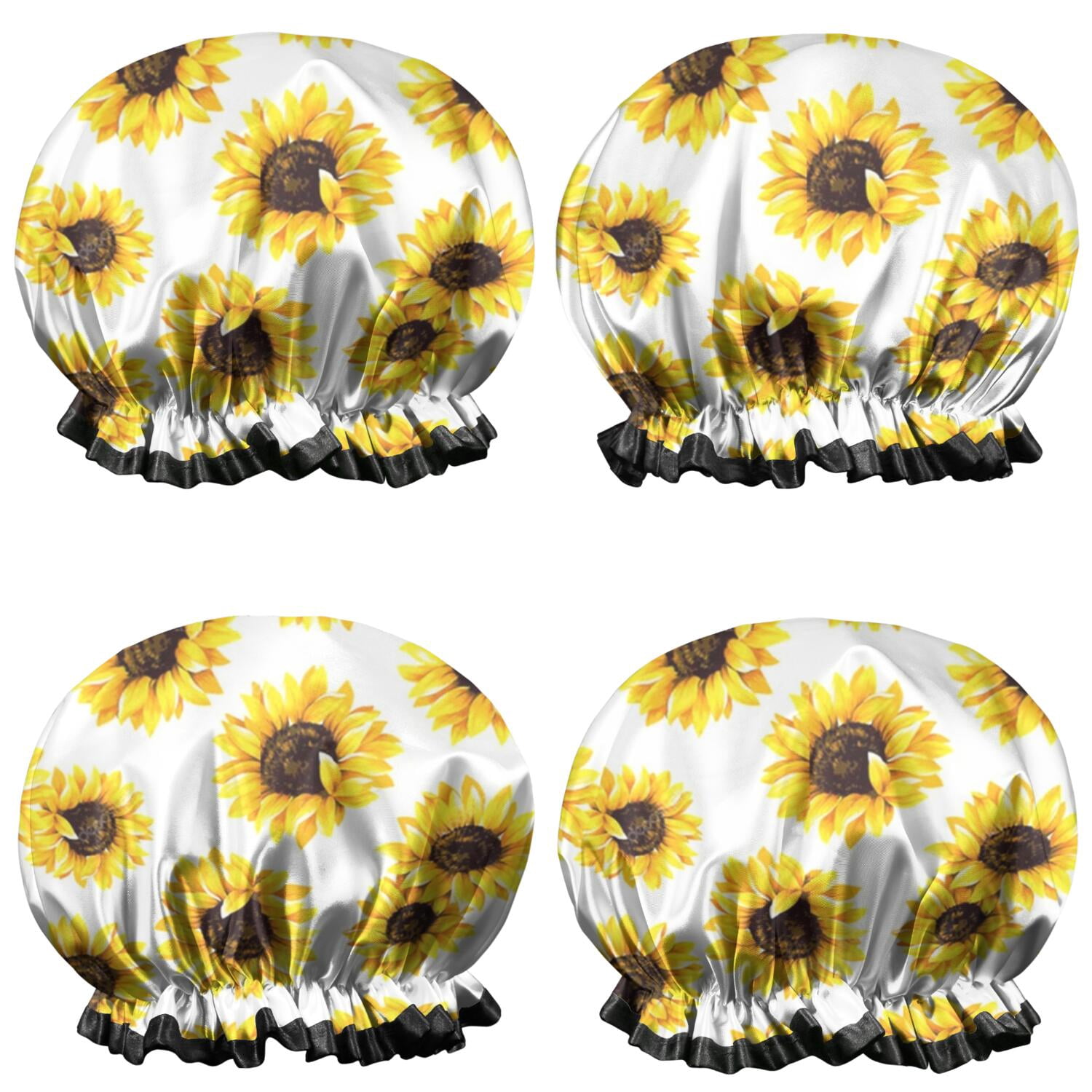 Shower Caps,White Yellow Sunflower Pattern Waterproof Shower Cap for Women 4 Pieces,Double Reusable Hair Cover for Shower PEVA Elastic Stretch Hem